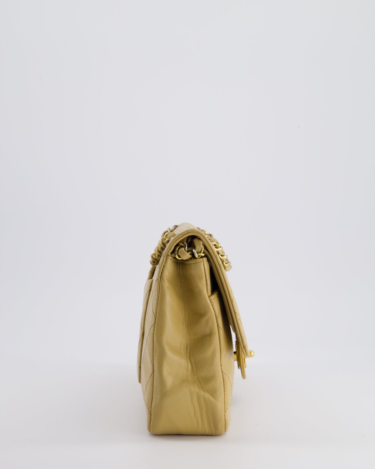 Chanel *fire Price* Chai Beige Classic Medium Stitched Edge Double Flap Bag in Lambskin Leather with 24K Gold Hardware