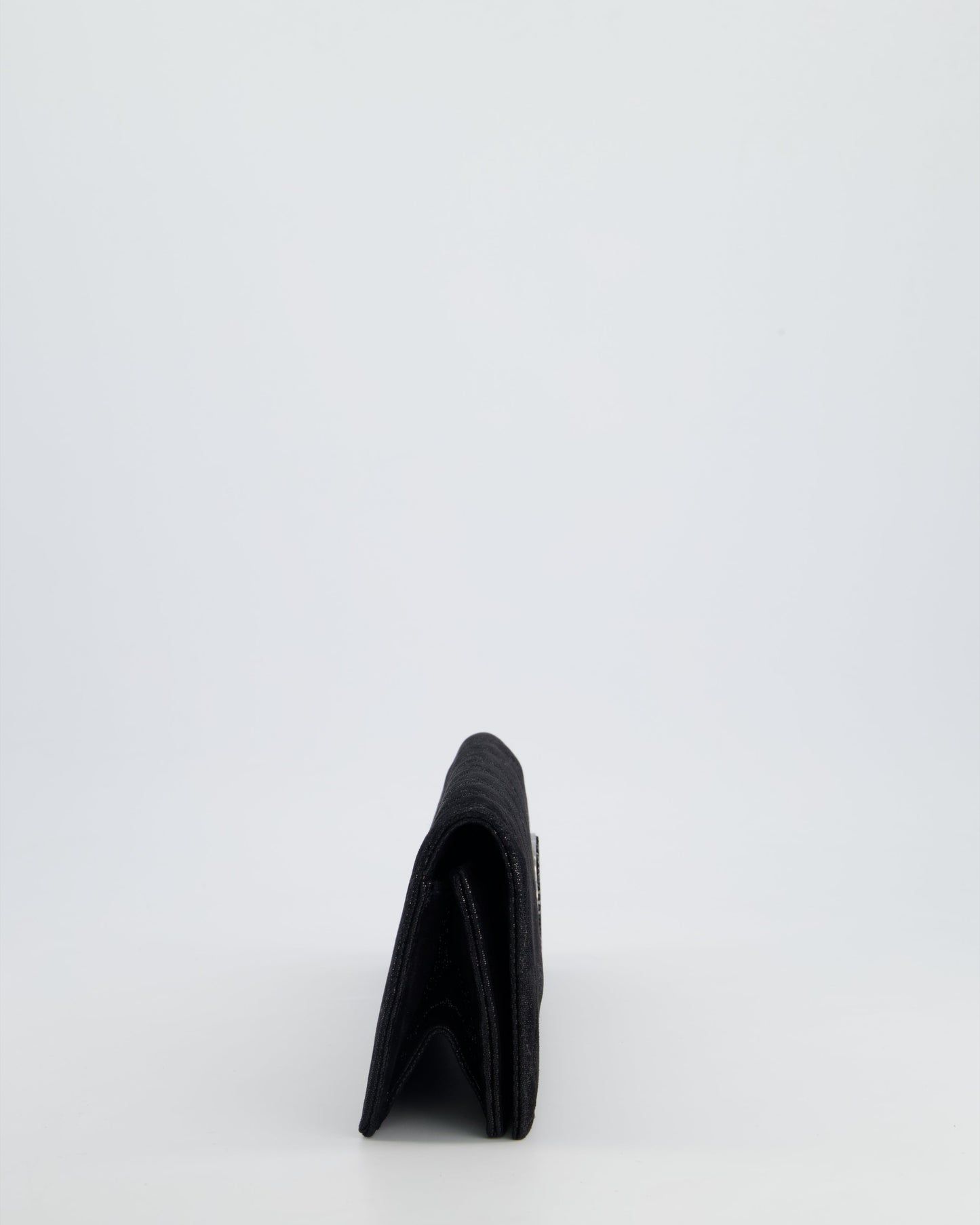 Chanel *Hot* Black Shiny Quilted Long Clutch In Coated Calfskin With Silver Hardware And Crystal Cc Detail