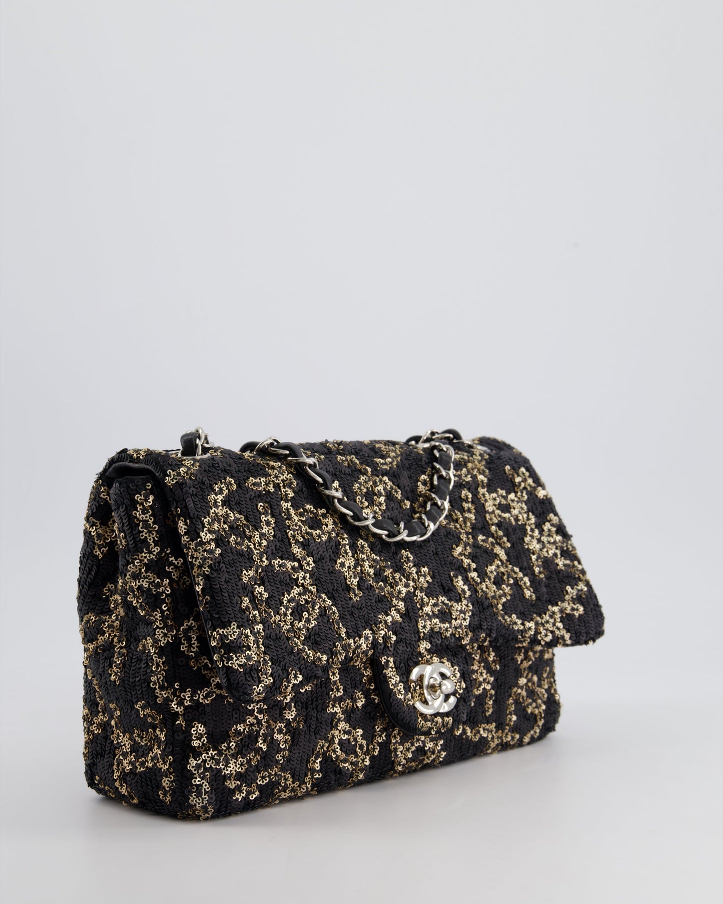 Chanel Black, Gold Sequin Cc Logo Medium Flap Bag With Silver Hardware