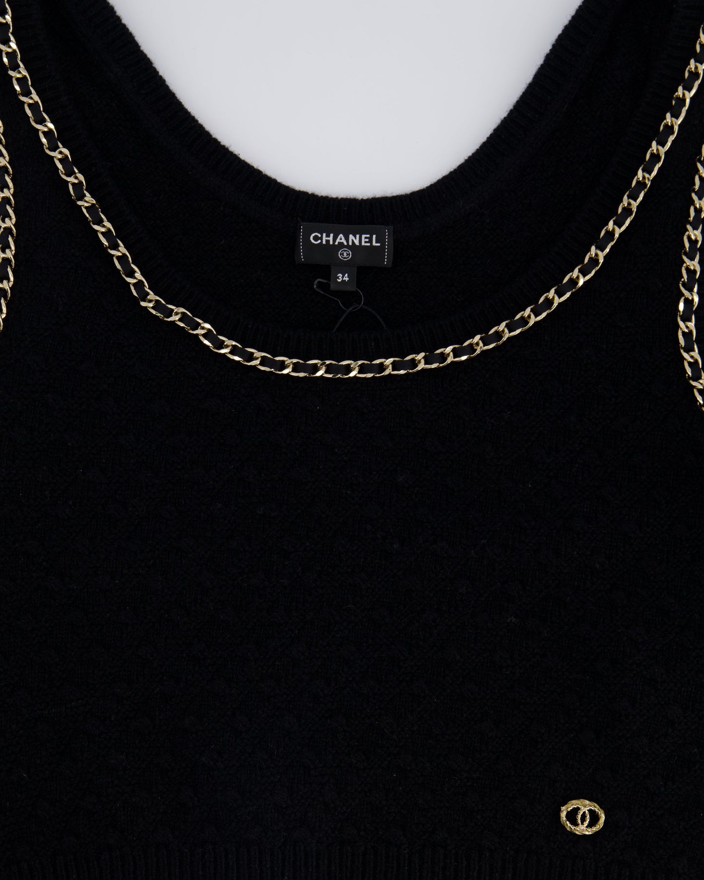 Chanel 23B Black Cashmere Knit Tank Top With Gold Chain And Logo Detail Size Fr 34 (Uk 6) Rrp £ Bag