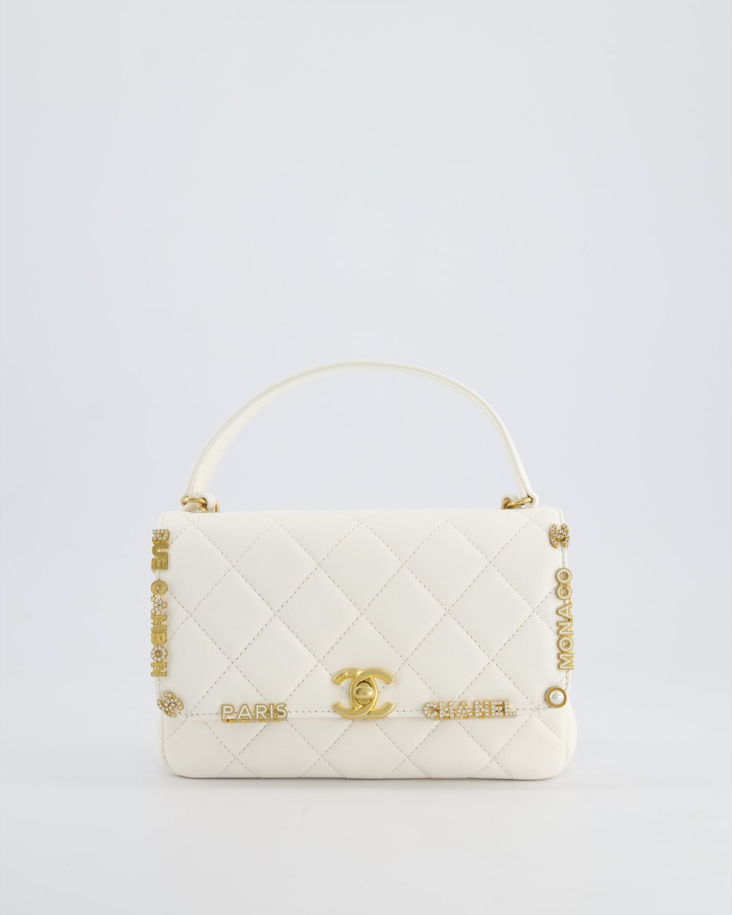 Chanel *Limited Edition* White Paris Monaco Mini Single Flap Bag With Black Interior, Crystal Details And Brushed Gold Hardware