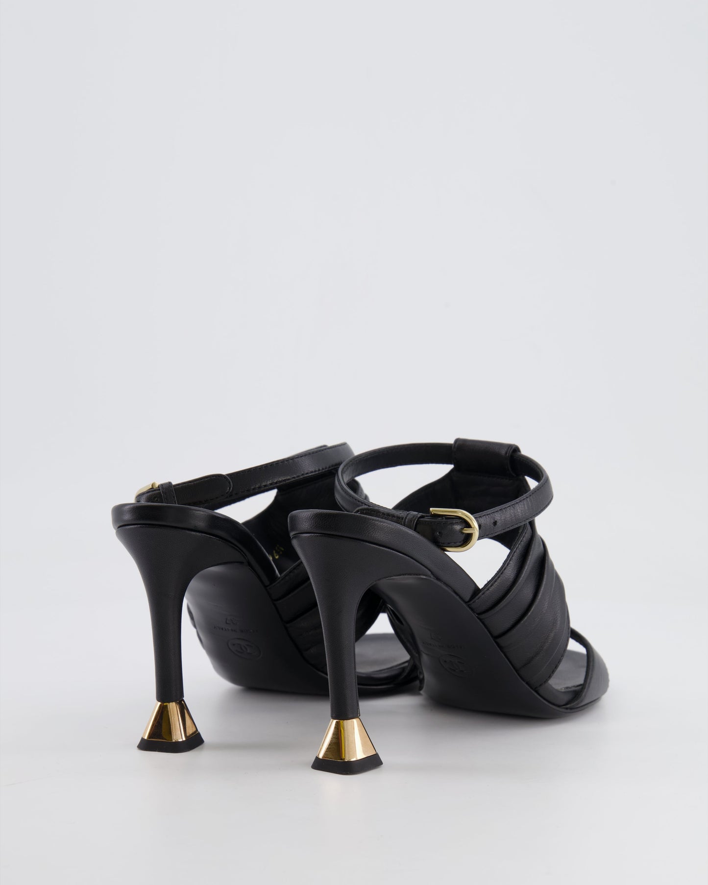 Chanel Black Leather Sandal Heels With Gold Cc Details Size Eu 37