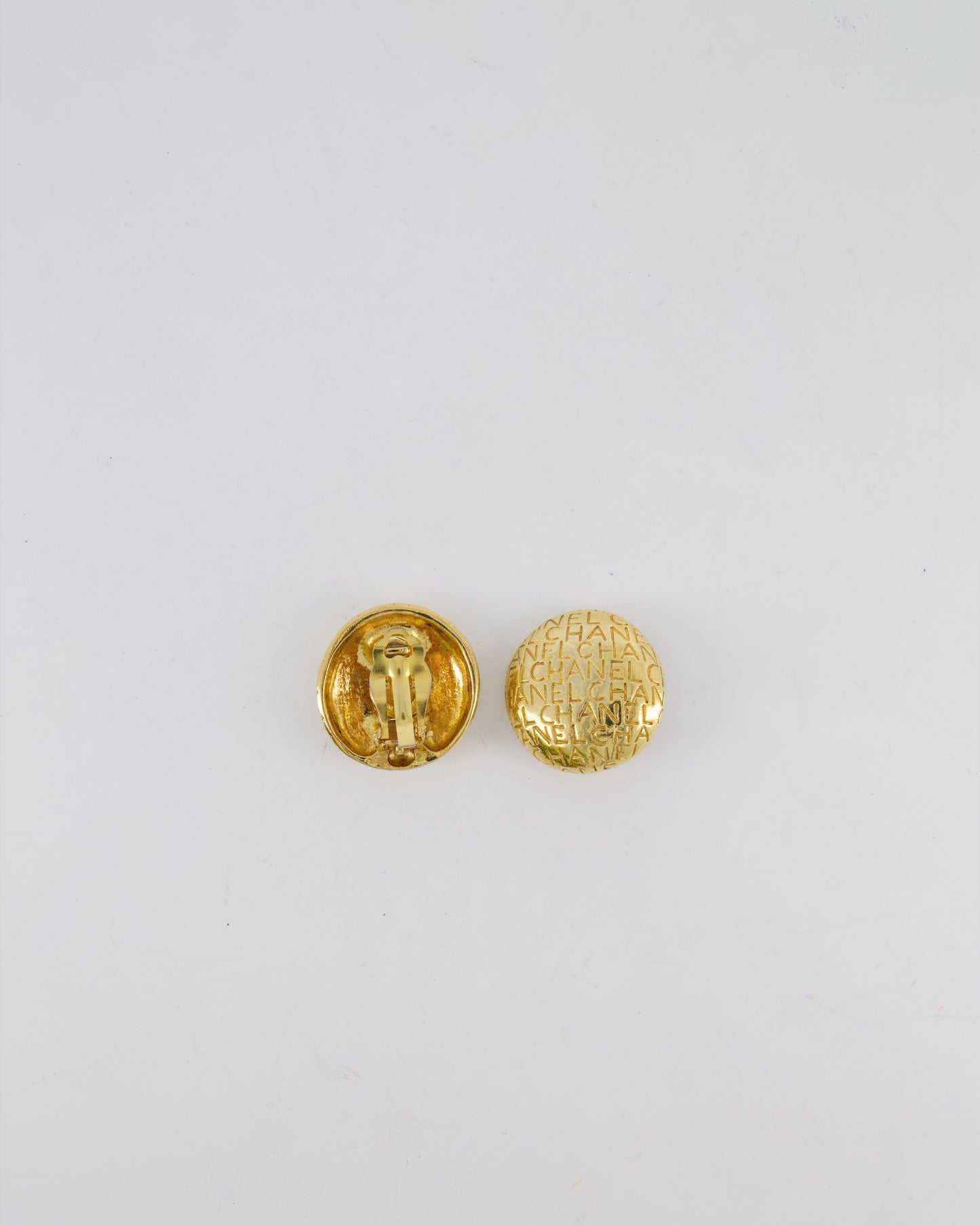 Chanel Gold Round Clip-On Earrings with Embossed Chanel Details