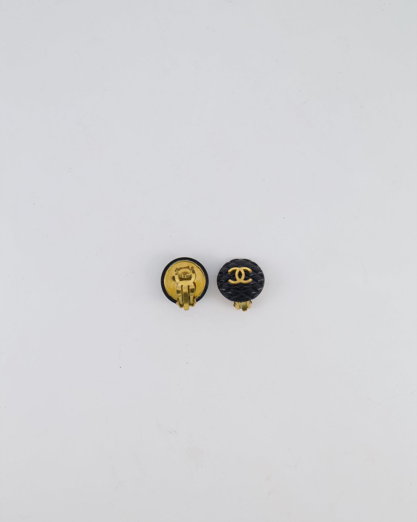 Chanel 94P Black Matelasse Small Round Clip-On Earrings with Gold CC Logo