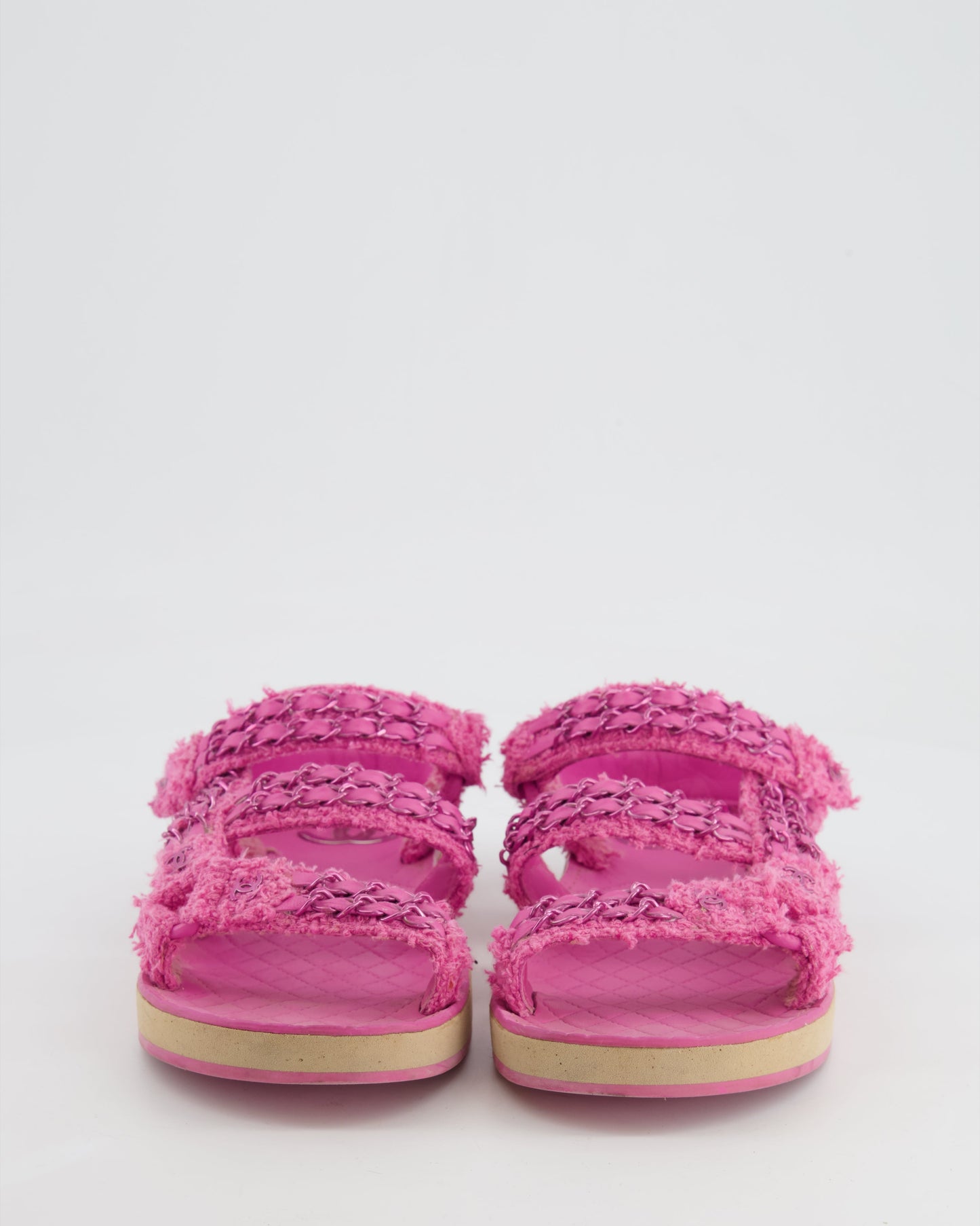 Chanel Pink Tweed Dad Sandals with Pink Chain and CC Logo Details Size 37