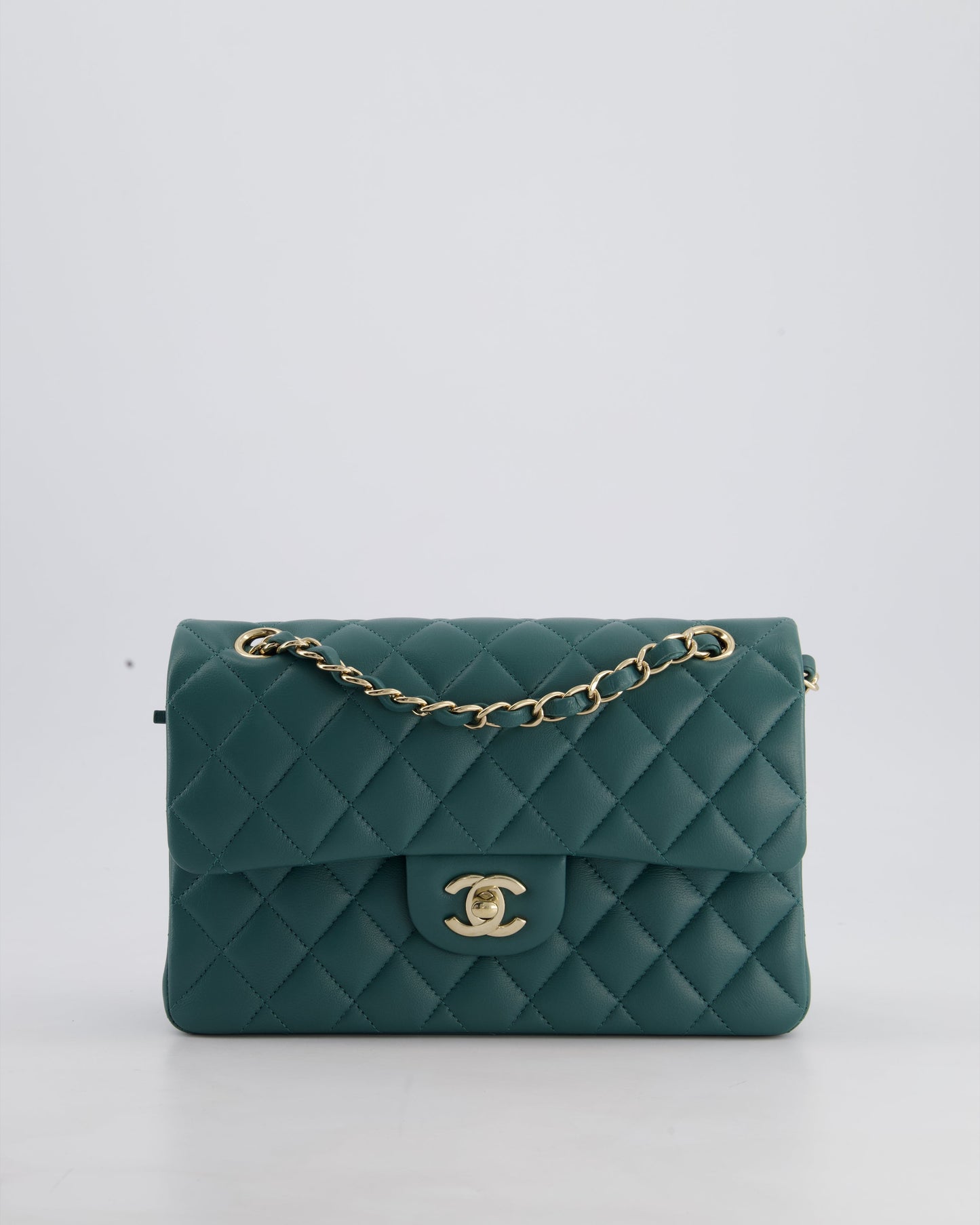 Chanel Green Small Classic Double Flap Bag In Lambskin Leather With Champagne Gold Hardware
