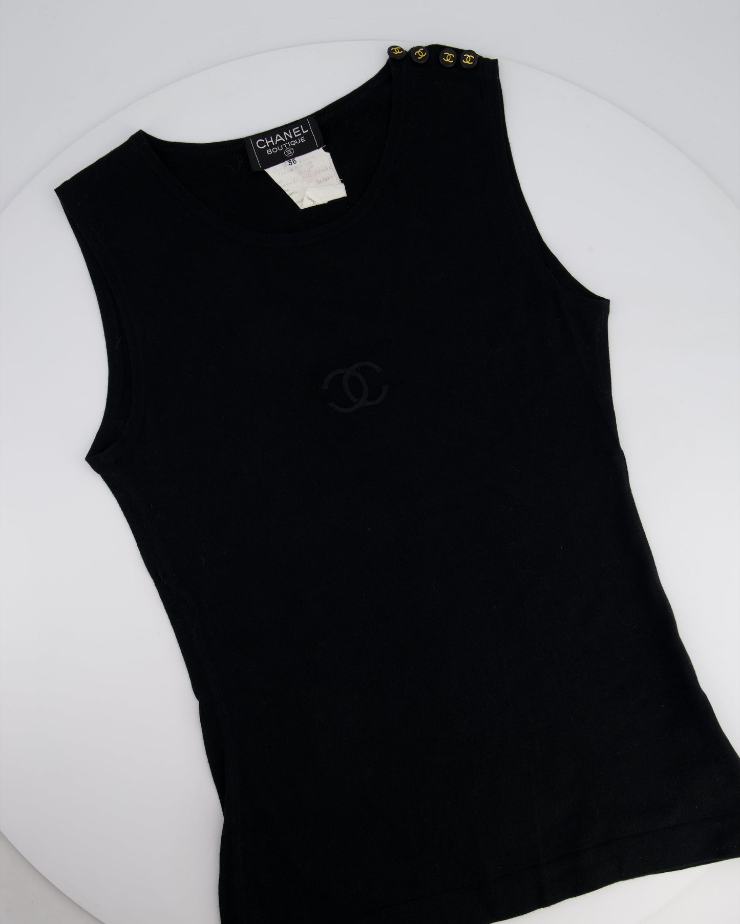 Chanel 95P Black Sleeveless Cotton Top with Stitched Logo and Gold Logo Buttons on the Shoulder Size FR 36 (UK 8)