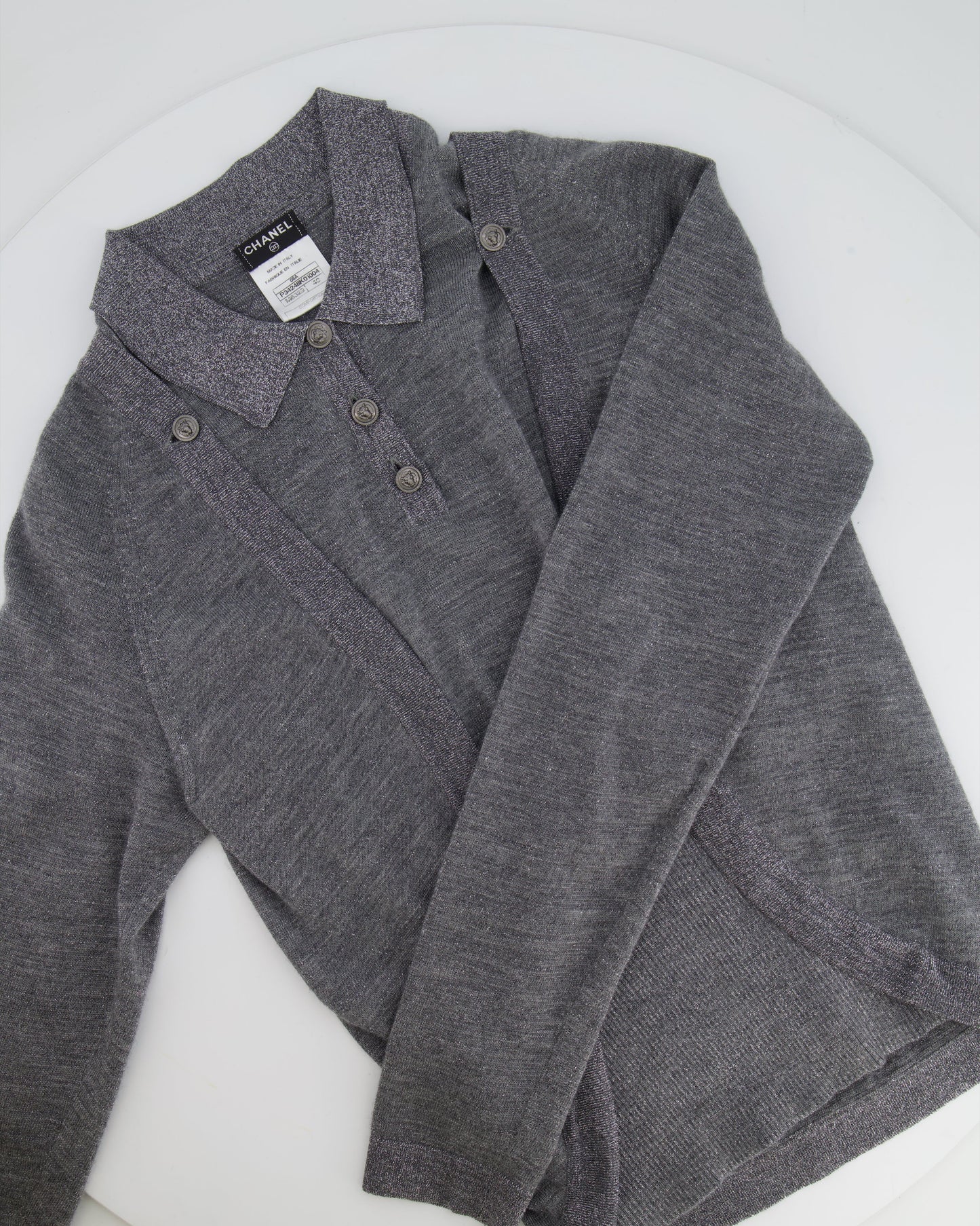 Chanel 08A Grey Two Piece Cashmere Detachable Top and Cardigan Set with Silver Metallic Details Size FR 40 (UK 12)