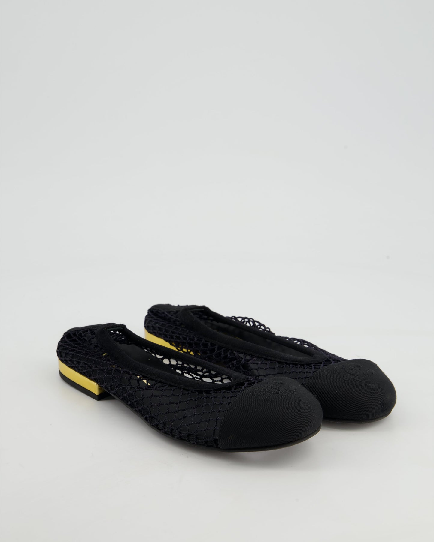 Chanel Black Ballerina Shoes In Mesh & Grosgrain With Gold Heel Detail & CC Logo Size Eu 35