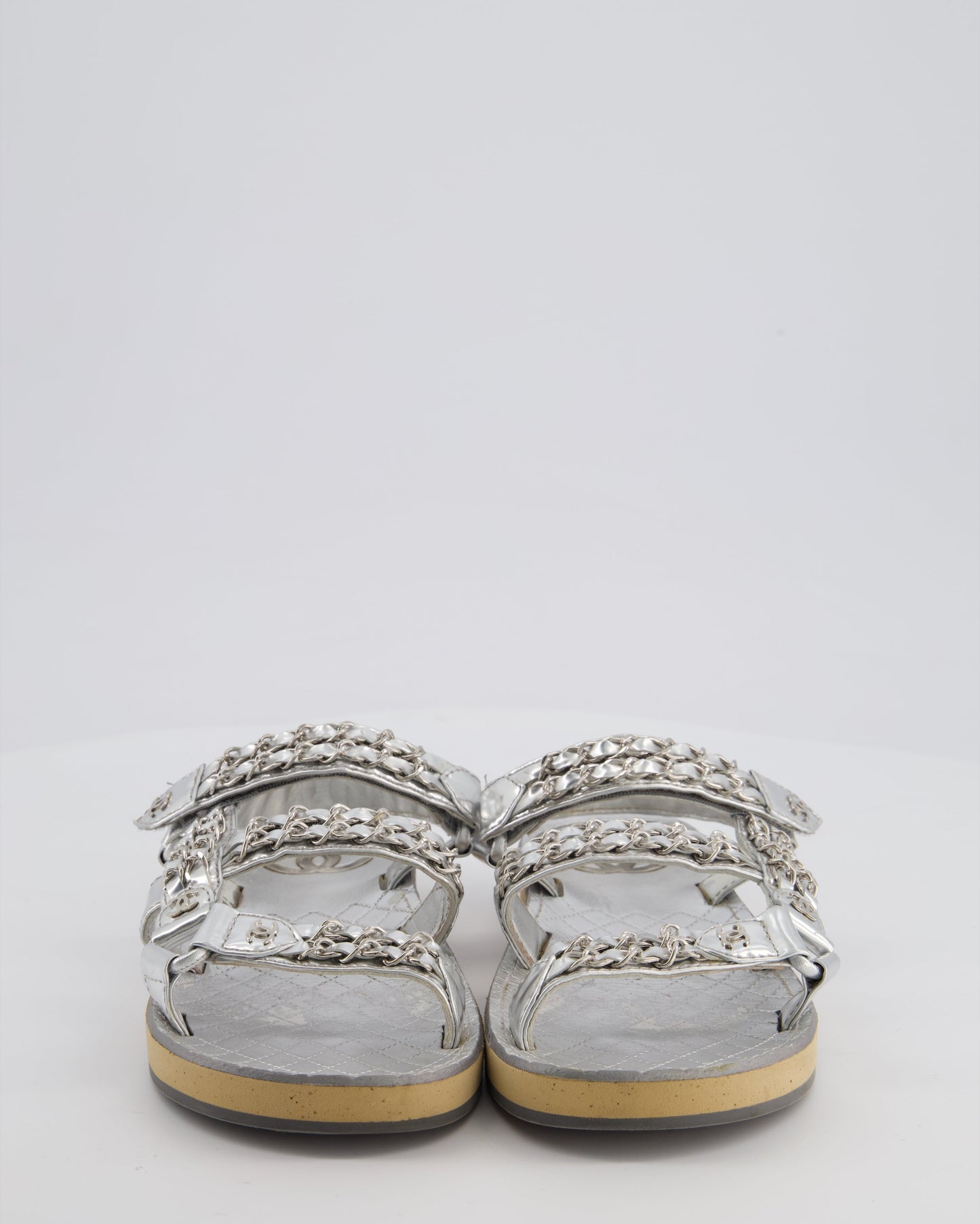 Chanel Silver Laminated Goatskin Dad Sandal with Chain Detail Size EU 37