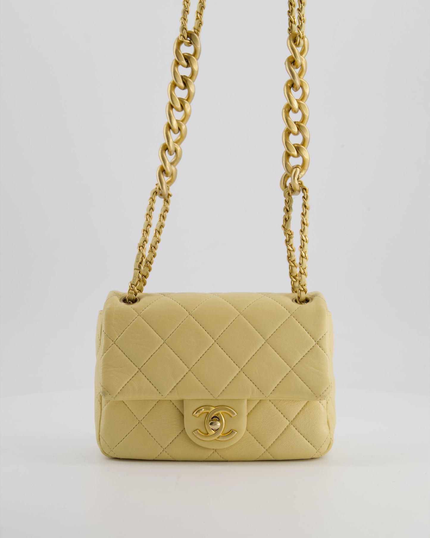 Chanel Mini Flap Bag In Pale Yellow Lambskin Leather With Chunky Chain And Gold Hardware