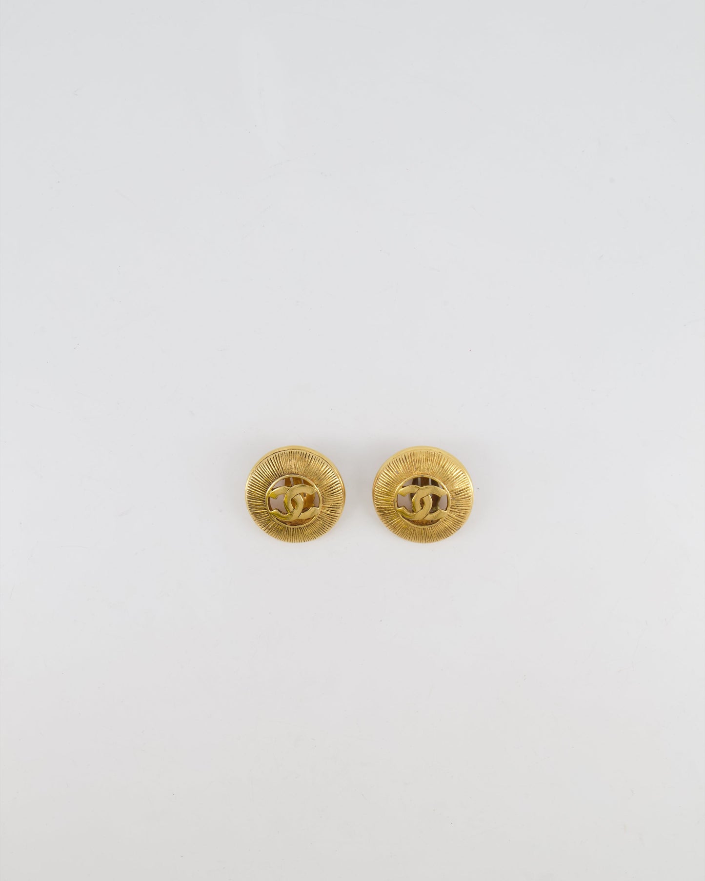 Chanel Gold Large Round Button Clip On Earrings with Striped Detail and CC Logo