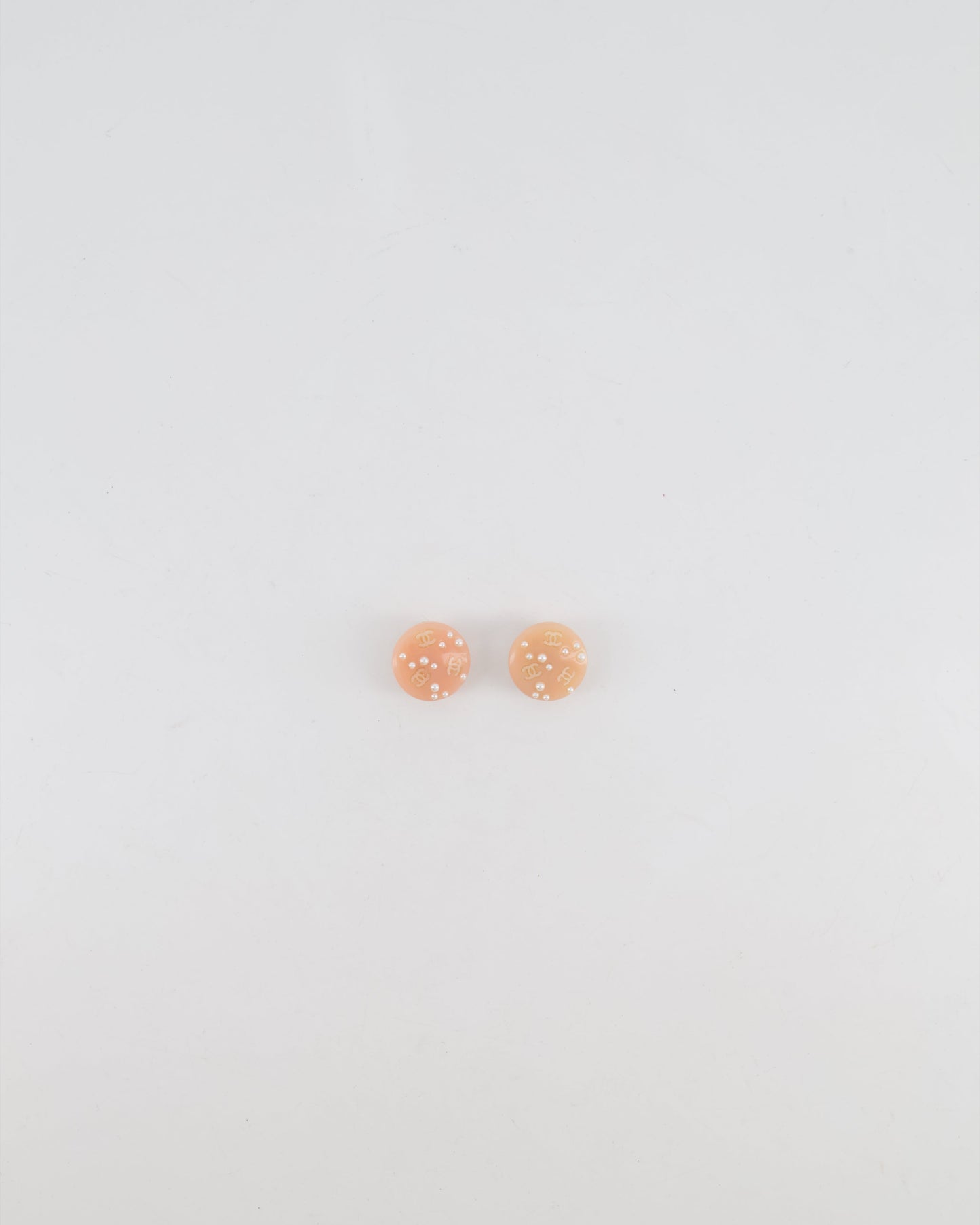 Chanel Blush Pink Round Clip on Earrings with Pearl Embellishments and CC Logo Details