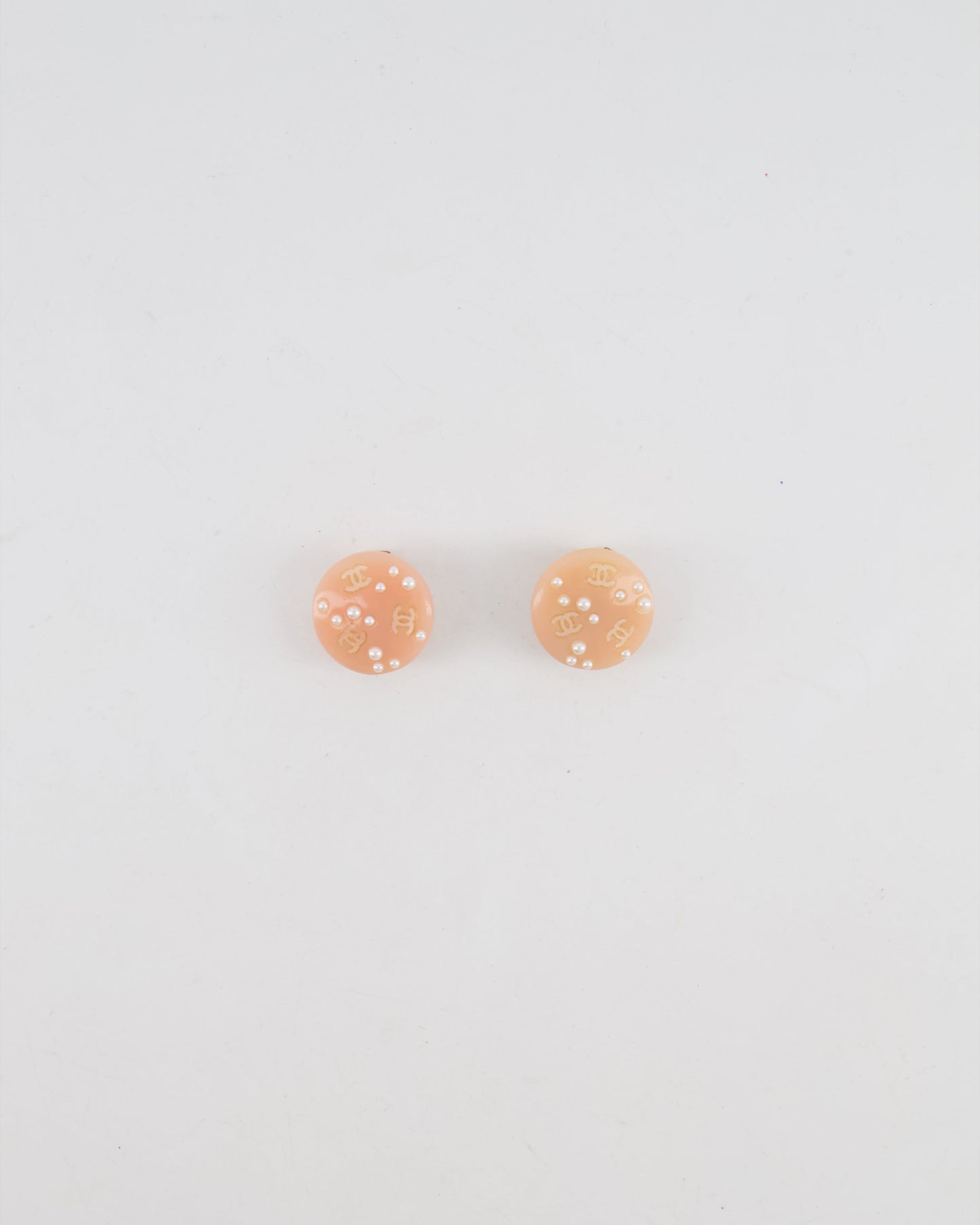 Chanel Blush Pink Round Clip On Earrings with Pearl Embellishments and CC Logo Details