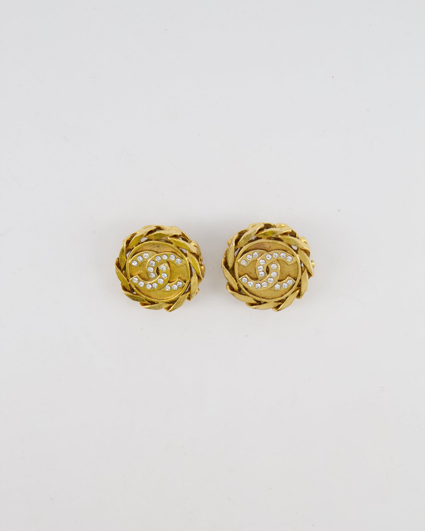 Chanel Gold Round Chain Link Clip On Earrings with Crystal Embellished CC Logo