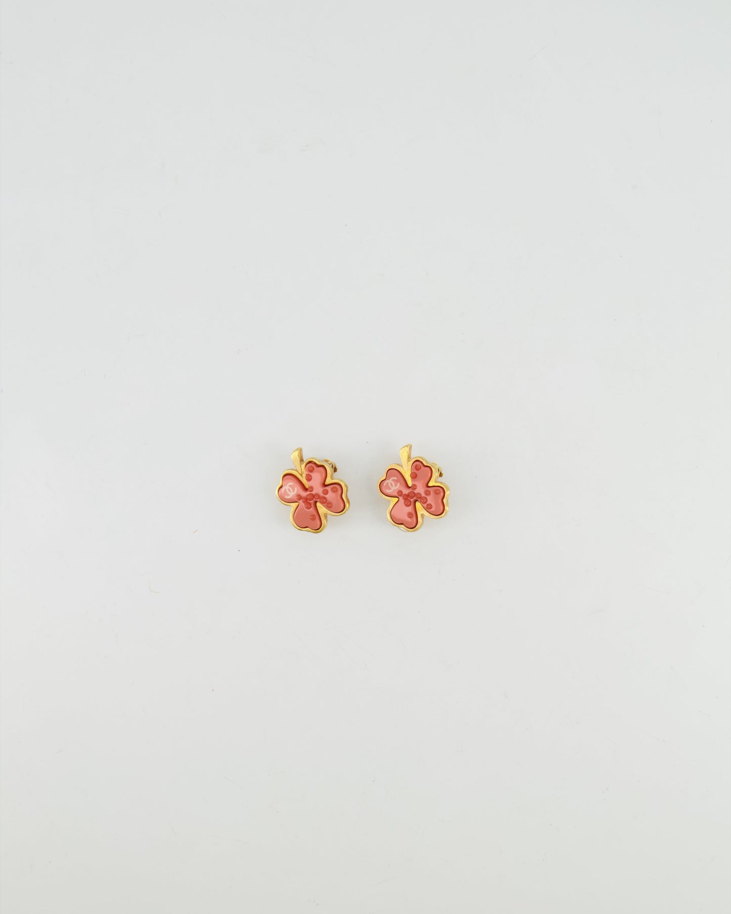 Chanel Brushed Gold and Pink Clover Clip On Earrings with CC Logo and Beads Details