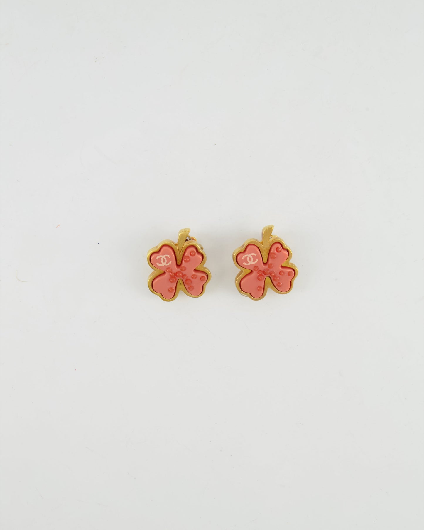 Chanel Brushed Gold And Pink Clover Clip On Earrings With Cc Logo And Beads Details