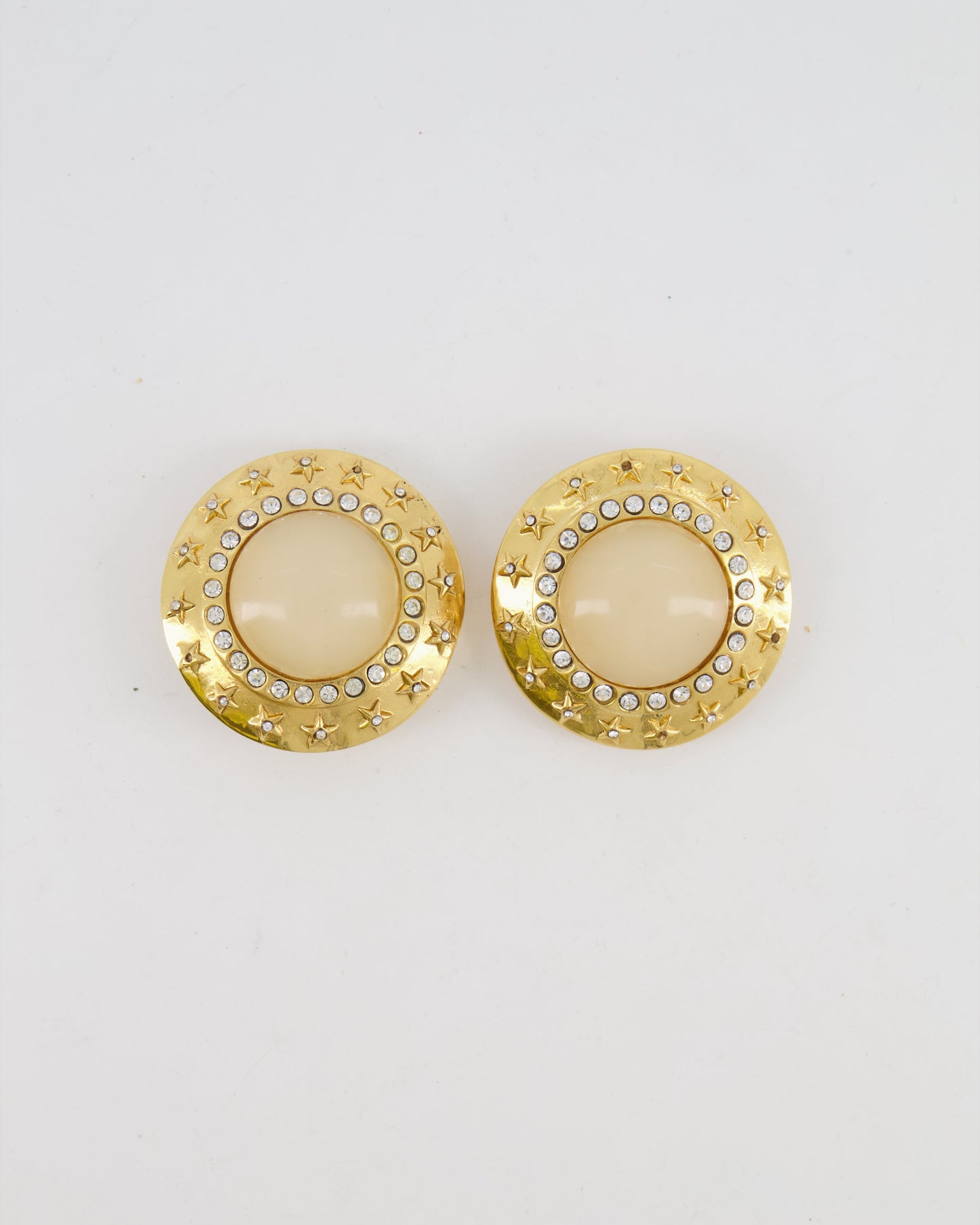 Chanel 2003 Gold Large Round Clip On Earrings with Beige Stone, Stars and Crystal Embellishments