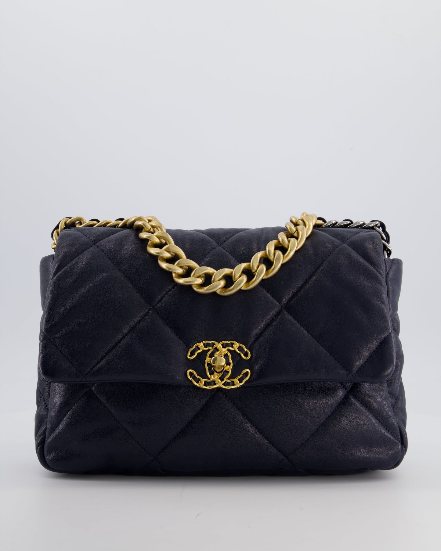 Chanel Navy Medium 19 Bag In Quilted Goatskin Leather With Mixed Hardware