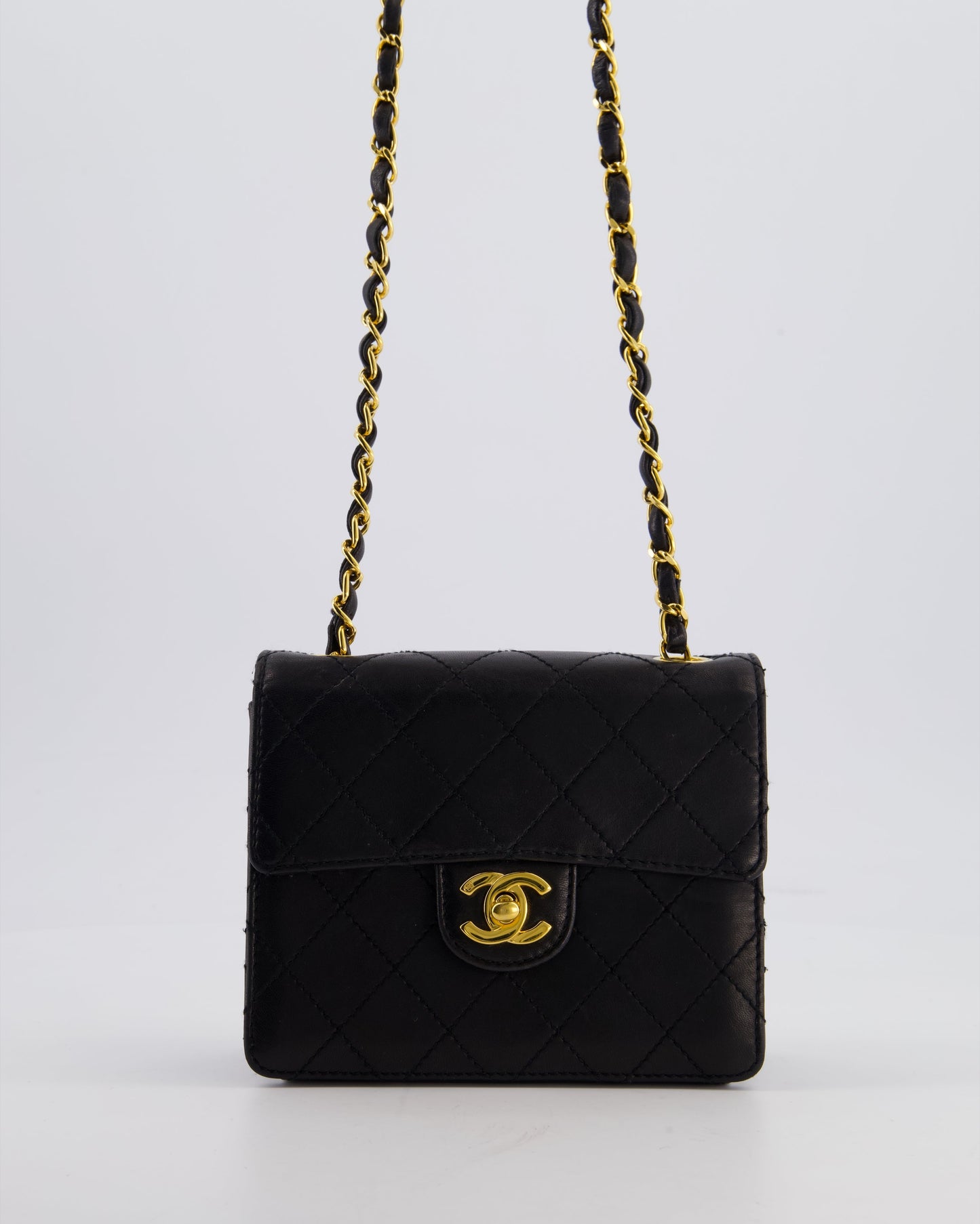Chanel Black Mini Square Classic Flap Bag in Lambskin Leather with 24K Gold Hardware