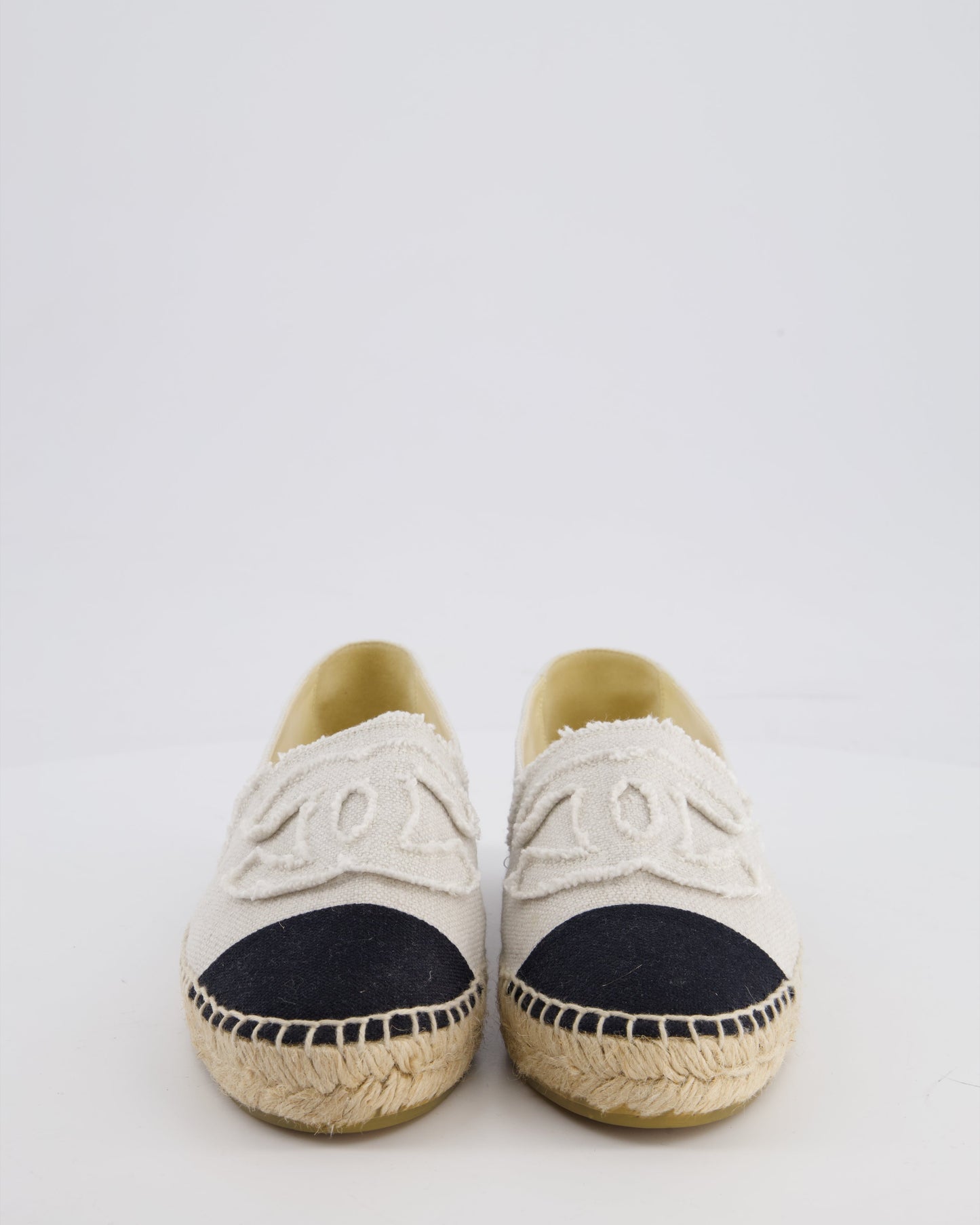 Chanel Cream and Black Canvas Espadrilles with CC Logo Size EU 38