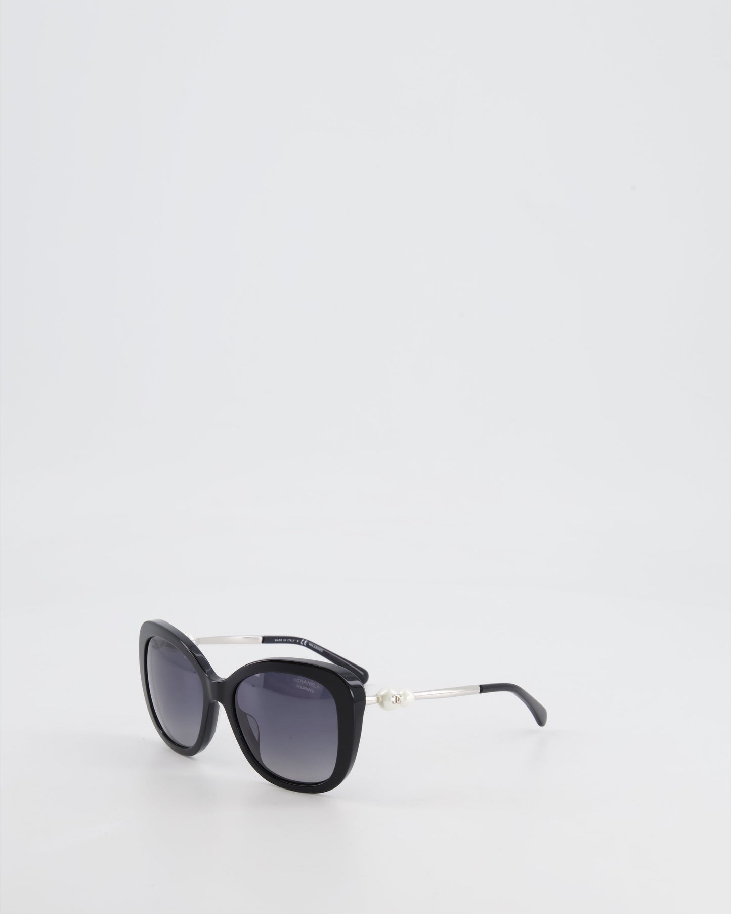 Chanel Black Sunglasses With Pearl Cc Logo Detail And Silver Hardware Bag