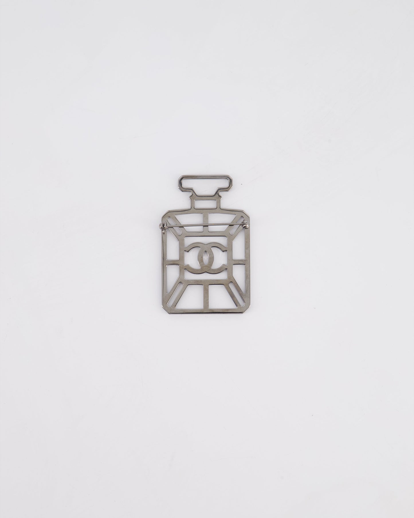 Chanel Silver Perfume Bottle Brooch with Crystals Detail