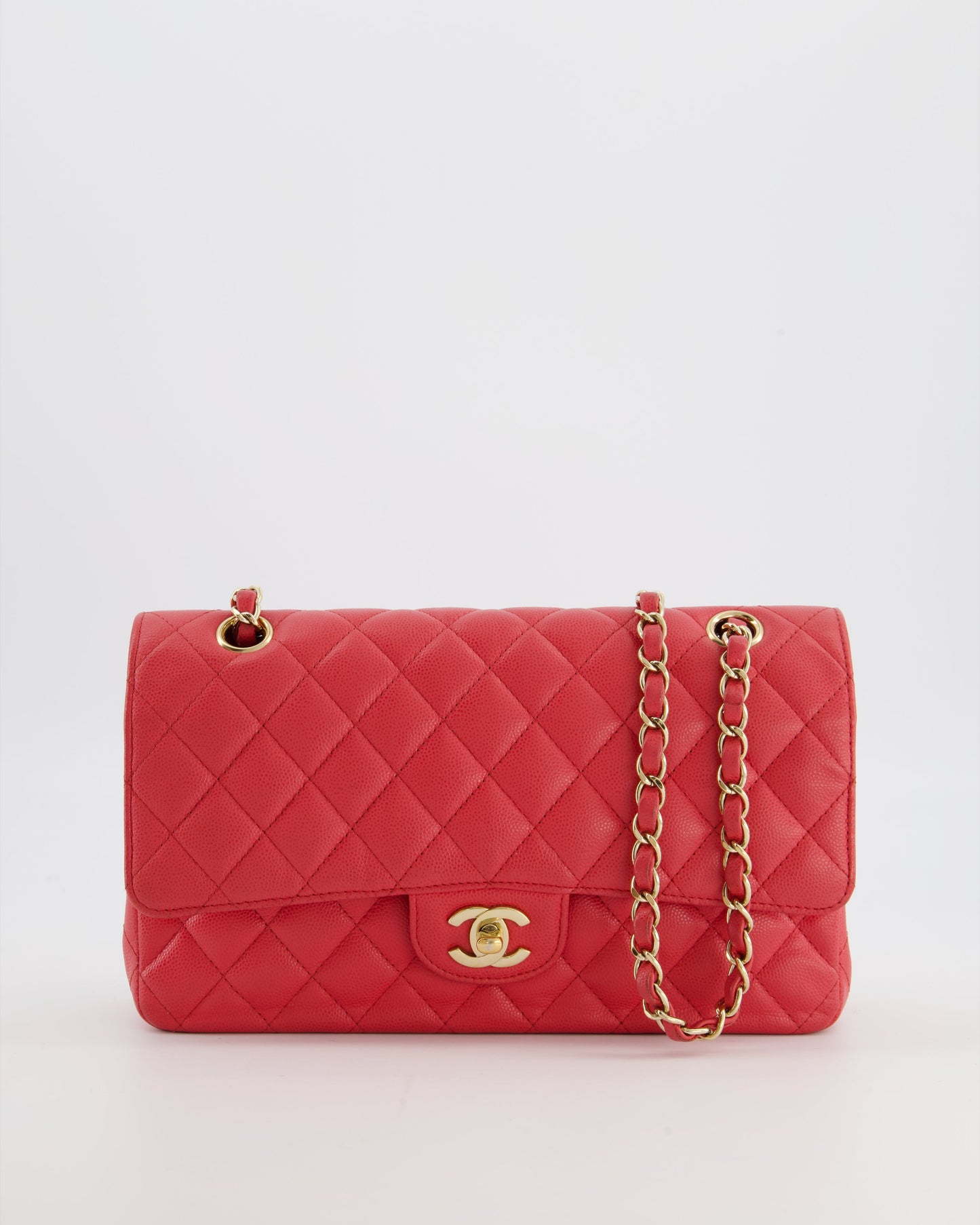 Chanel Pink Medium Classic Double Flap Bag In Caviar Leather With Champagne Gold Hardware