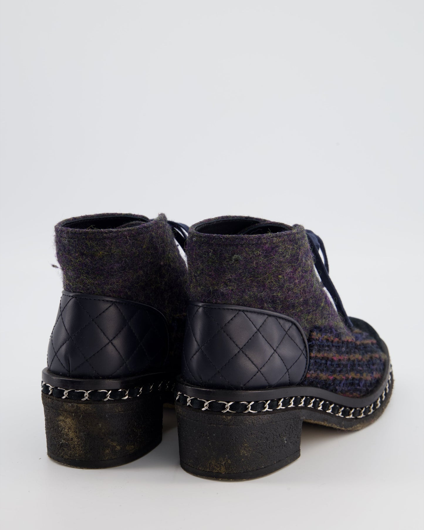 Chanel Black Calfskin Boots With Tweed, Suede & Chain Detailing Size Eu 38