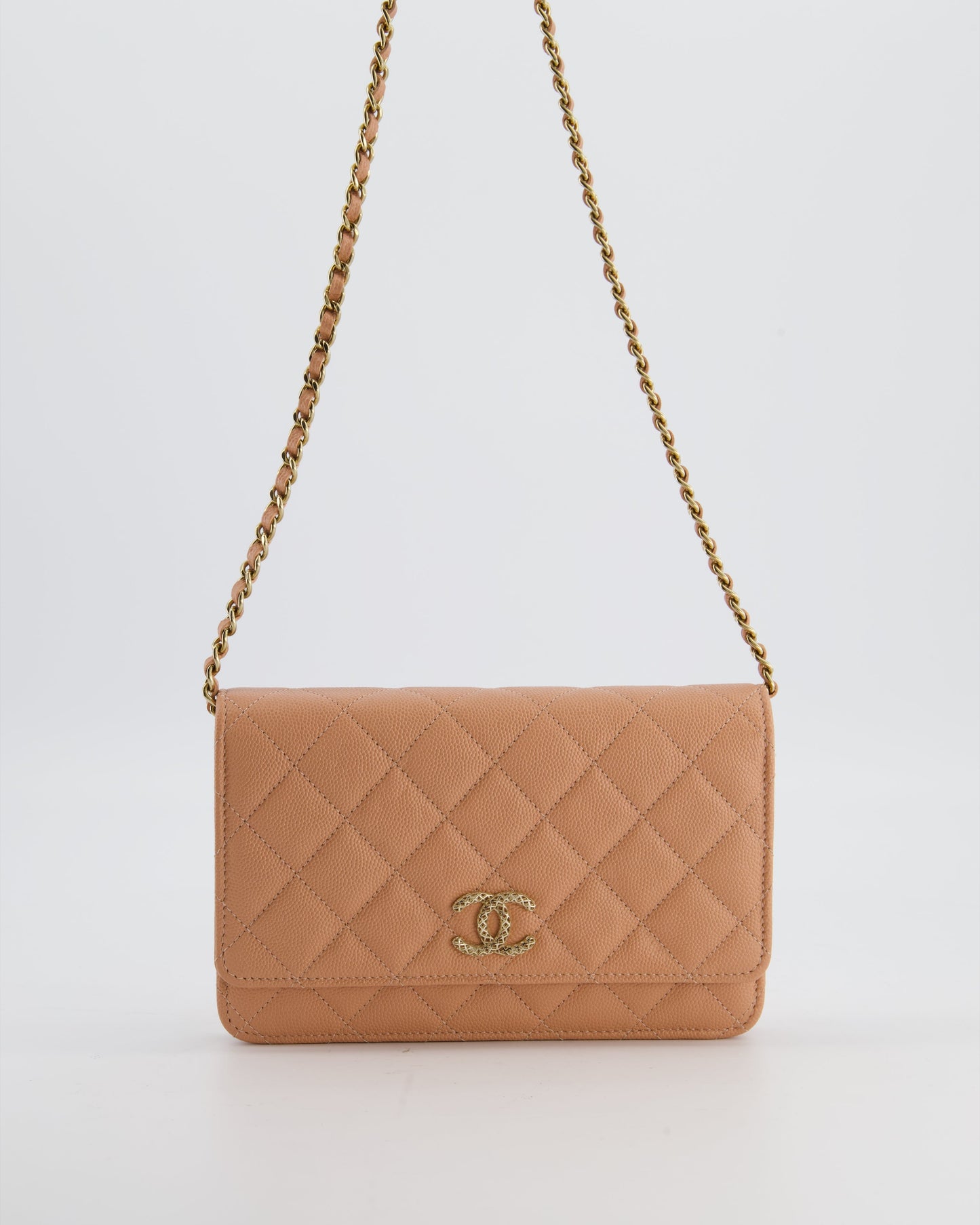 Chanel Peach Wallet On Chain Bag In Caviar Leather With Champagne Gold Hardware And Cage Detail Logo