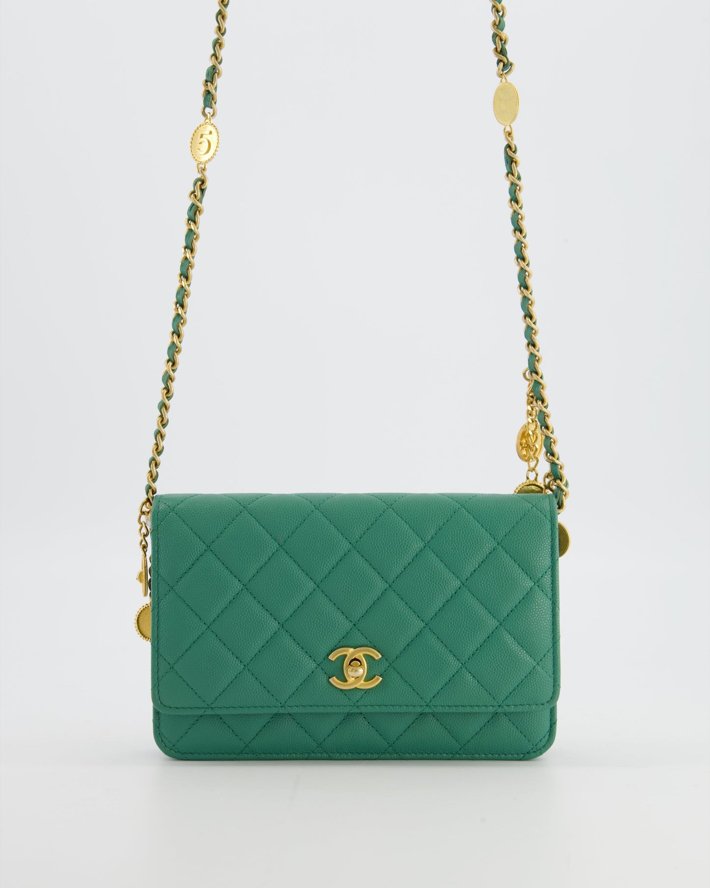 Chanel Teal Wallet On Chain Bag In Caviar Leather With Brushed Gold Hardware And Medallion Chain