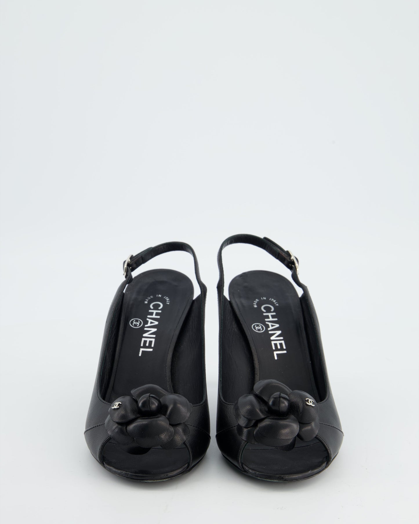 Chanel Black Camelia Leather Heeled Slingback with Open Toe Detail Size EU 37.5