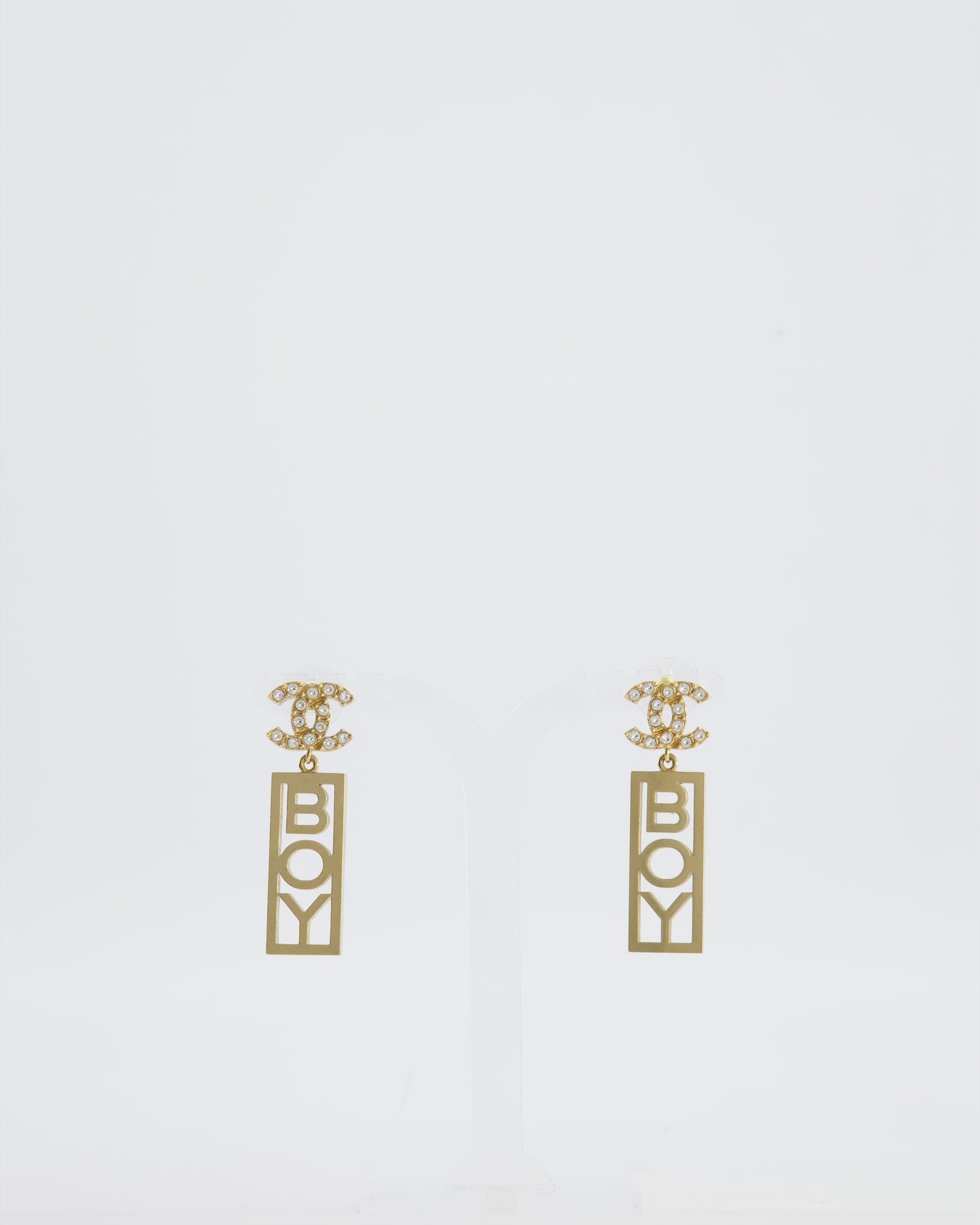 Chanel 22P Gold Crystal CC Earrings Drop BOY Pendant