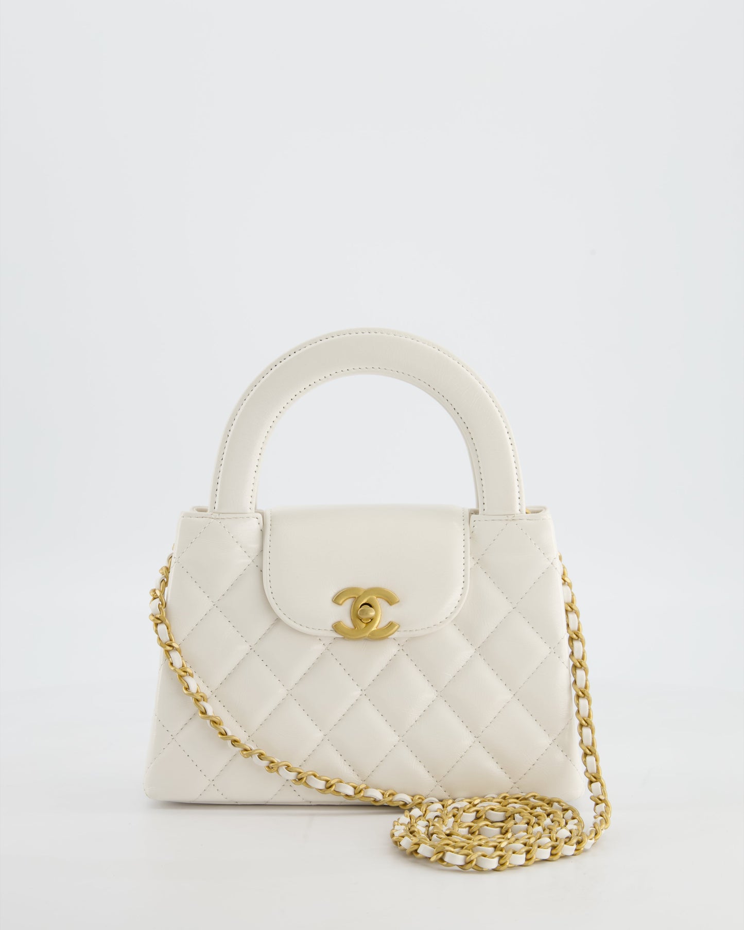 Chanel White Small Mini Kelly Shopping Bag In Shiny Calfskin Leather With Antique Gold Hardware