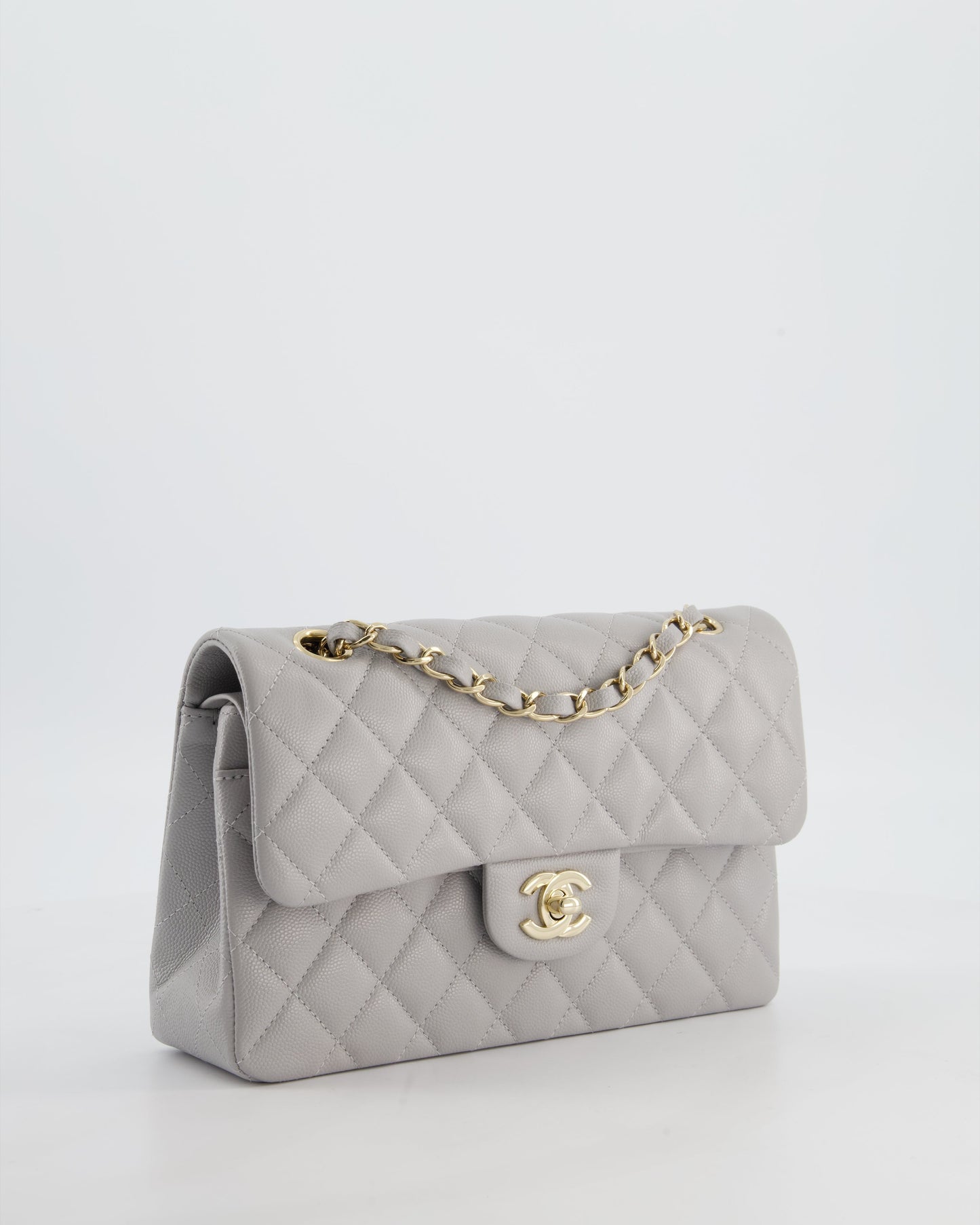 Chanel Dove Grey Small Classic Double Flap Bag In Caviar Leather With Champagne Gold Hardware
