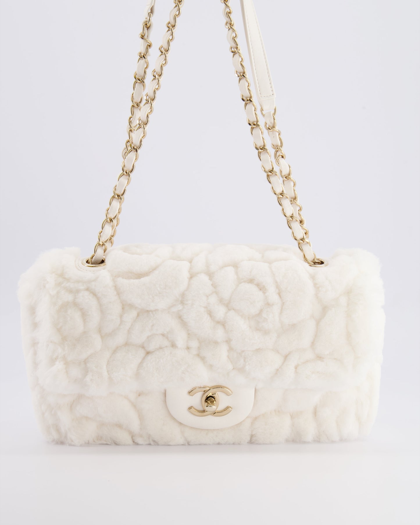 Chanel *Rare* White Rabbit Fur Classic Single Flap Bag With Camelia Flower Motif And Champagne Gold Hardware