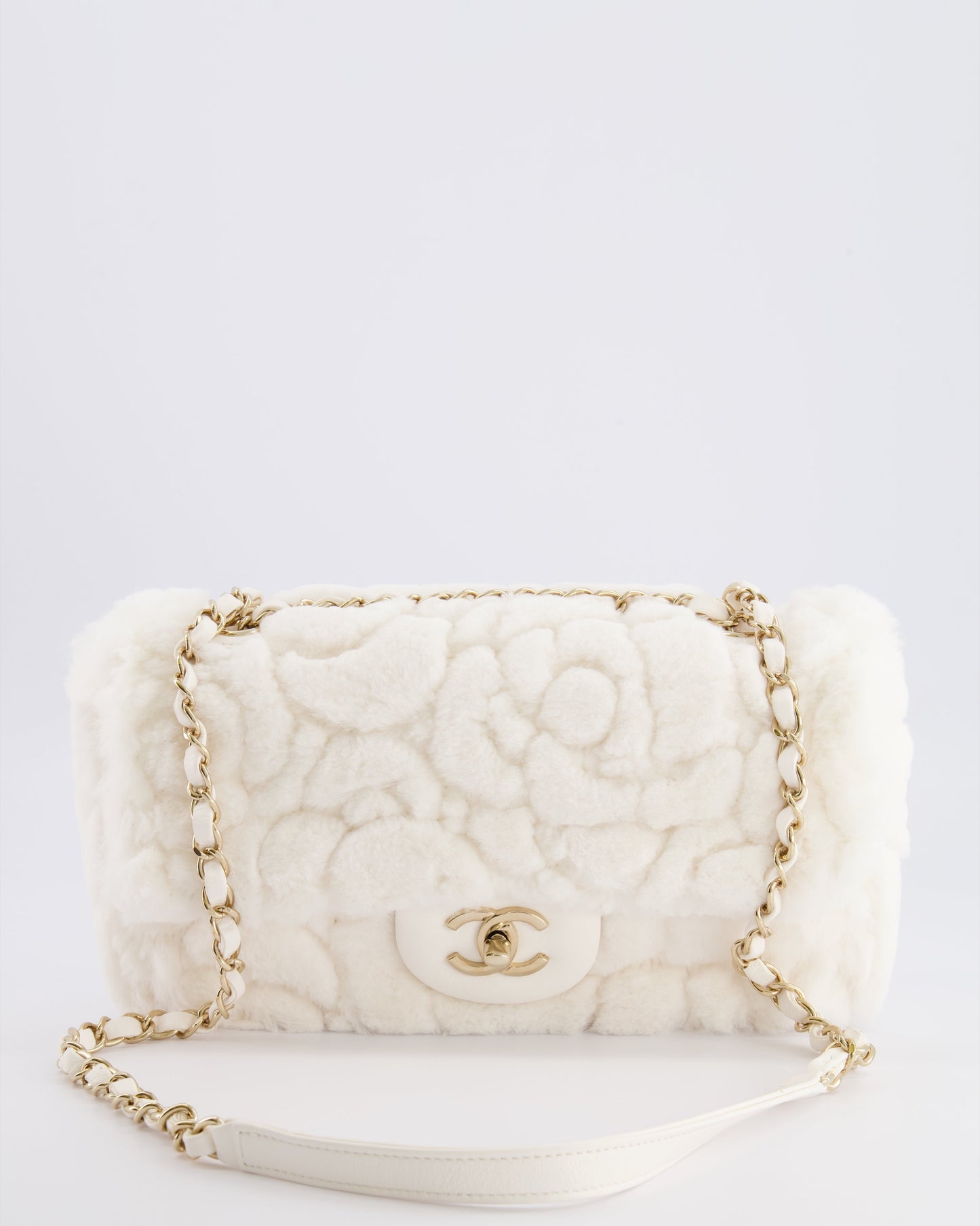 *RARE* Chanel White Rabbit Fur Classic Single Flap Bag with Camelia Flower Motif and Champagne Gold Hardware