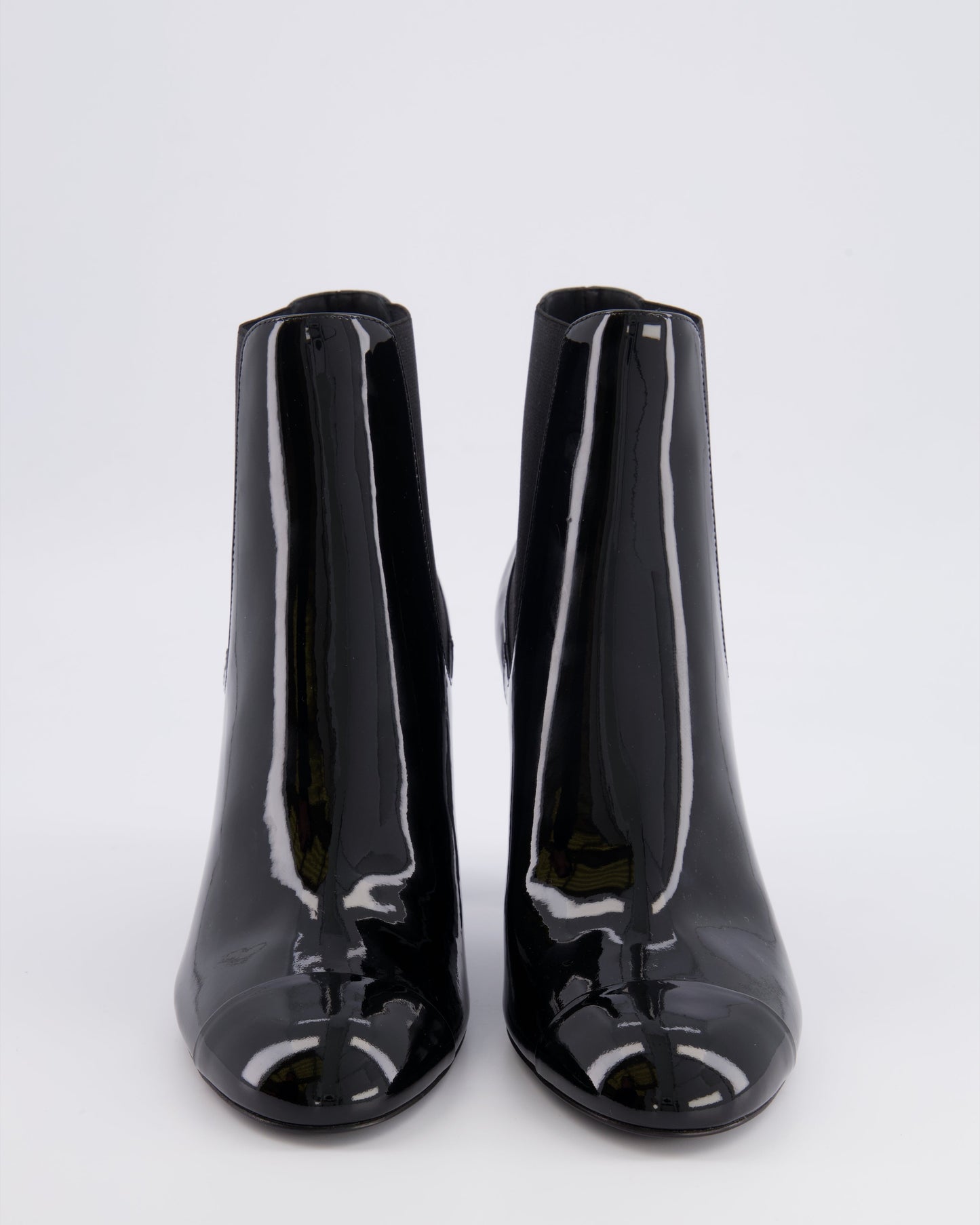 Chanel Black Patent Leather Heeled Ankle Boots with Black CC Logo Detail Size EU 40