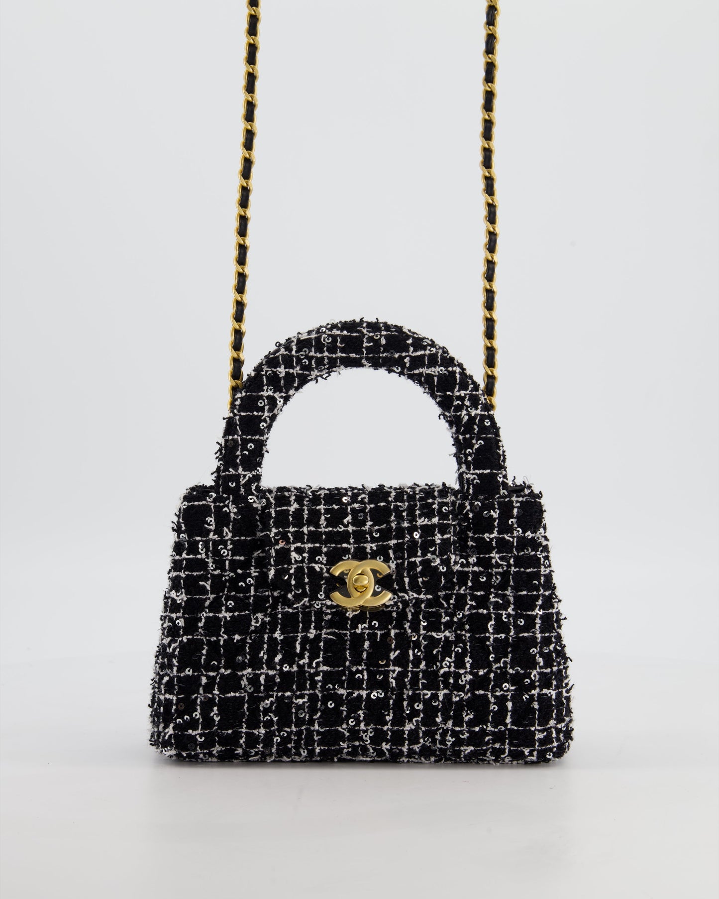 Chanel *hot & Rare* Black & White Tweed and Sequin Small Kelly Bag with Brushed Antique Gold Hardware