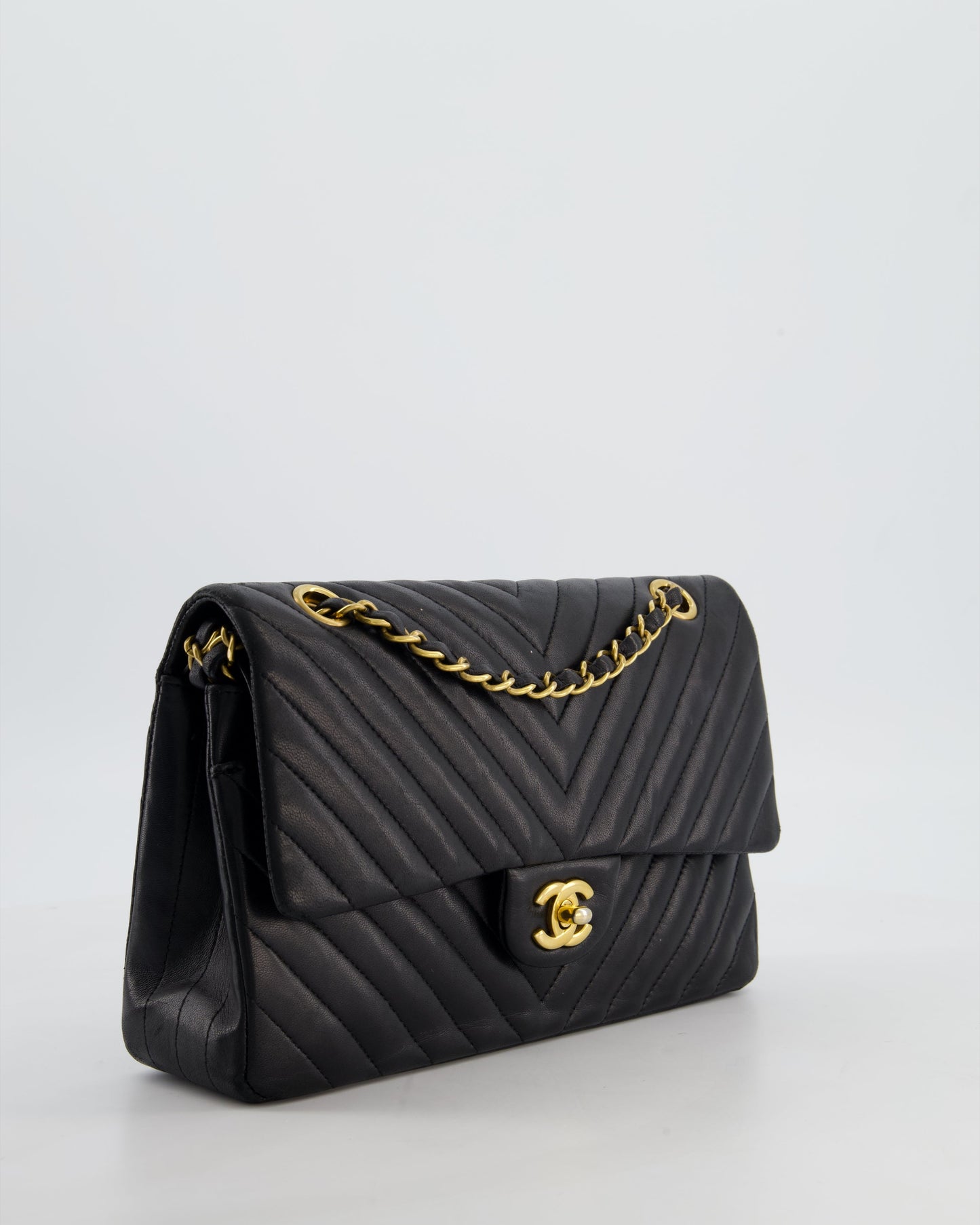 Chanel *fire Price* Black Chevron Medium Classic Double Flap Bag in Lambskin Leather with Gold Hardware