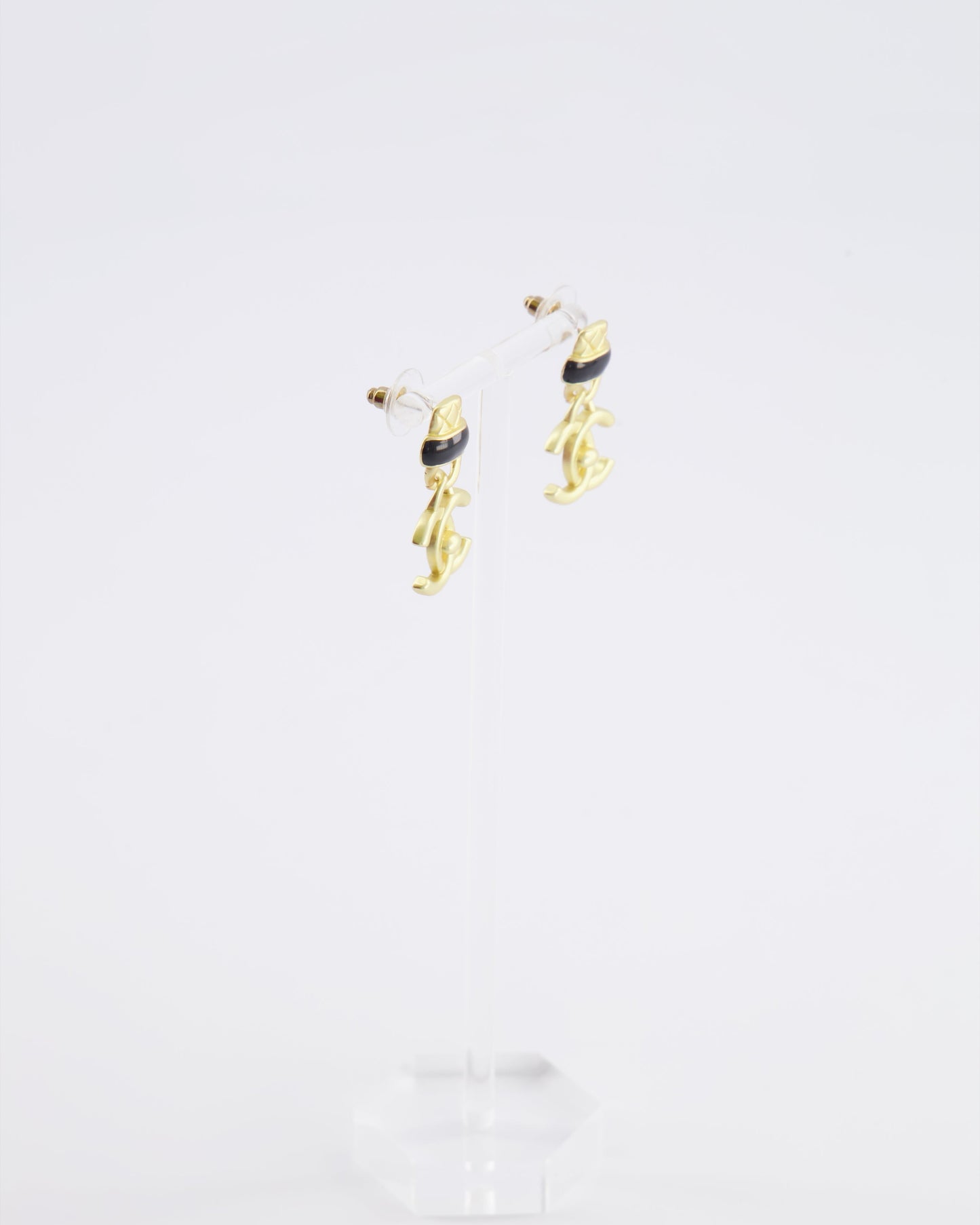 Chanel 22A Brushed Gold CC Logo Pendant Earrings with Black Enamel Detailing