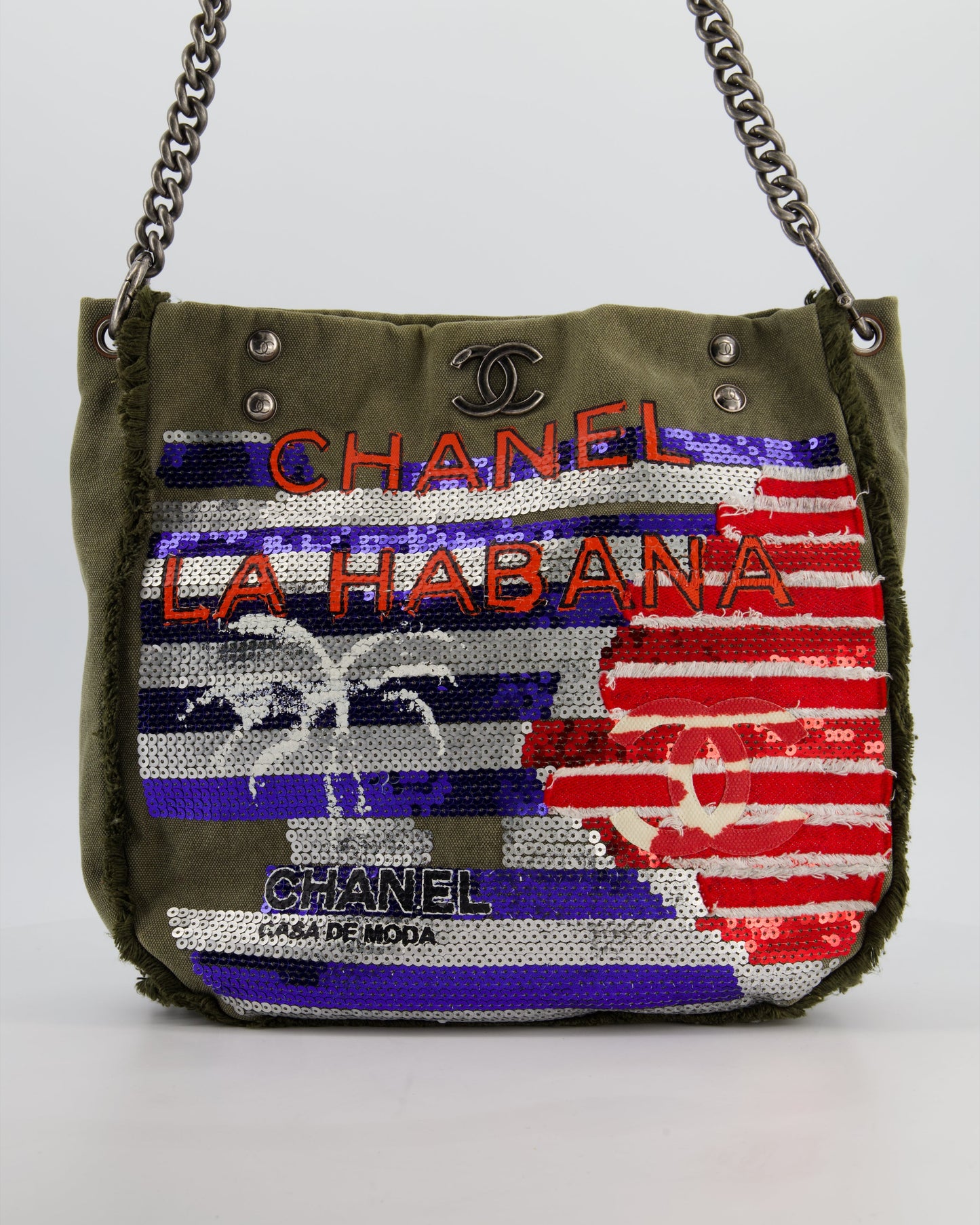 Chanel Khaki Canvas La Habana Casa De Moda Silver,navy and Red Sequin Embellished with Ruthenium Hardware Women Shoes