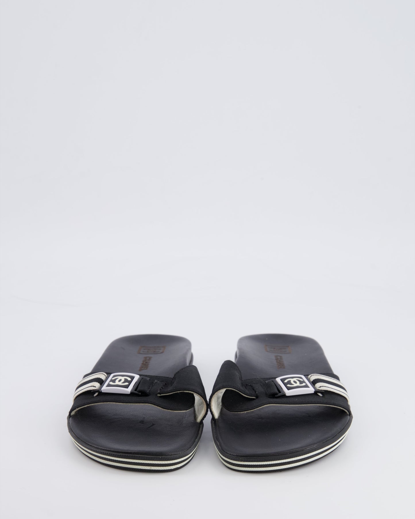 Chanel Spring 2006 Black Strap Mules with White Logo Detail Size 38
