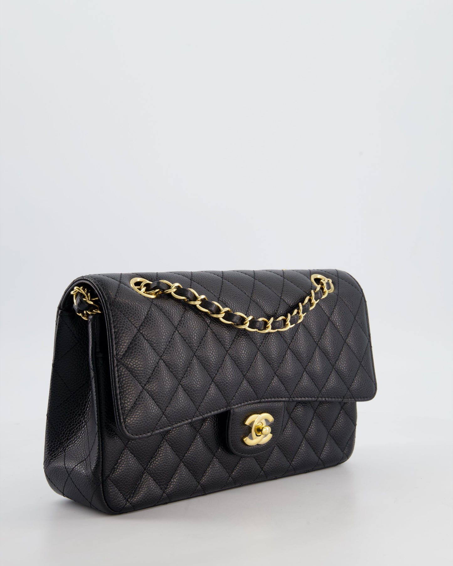 Chanel Medium Black Stitched Edge Classic Double Flap Bag In Caviar Leather With Gold Hardware