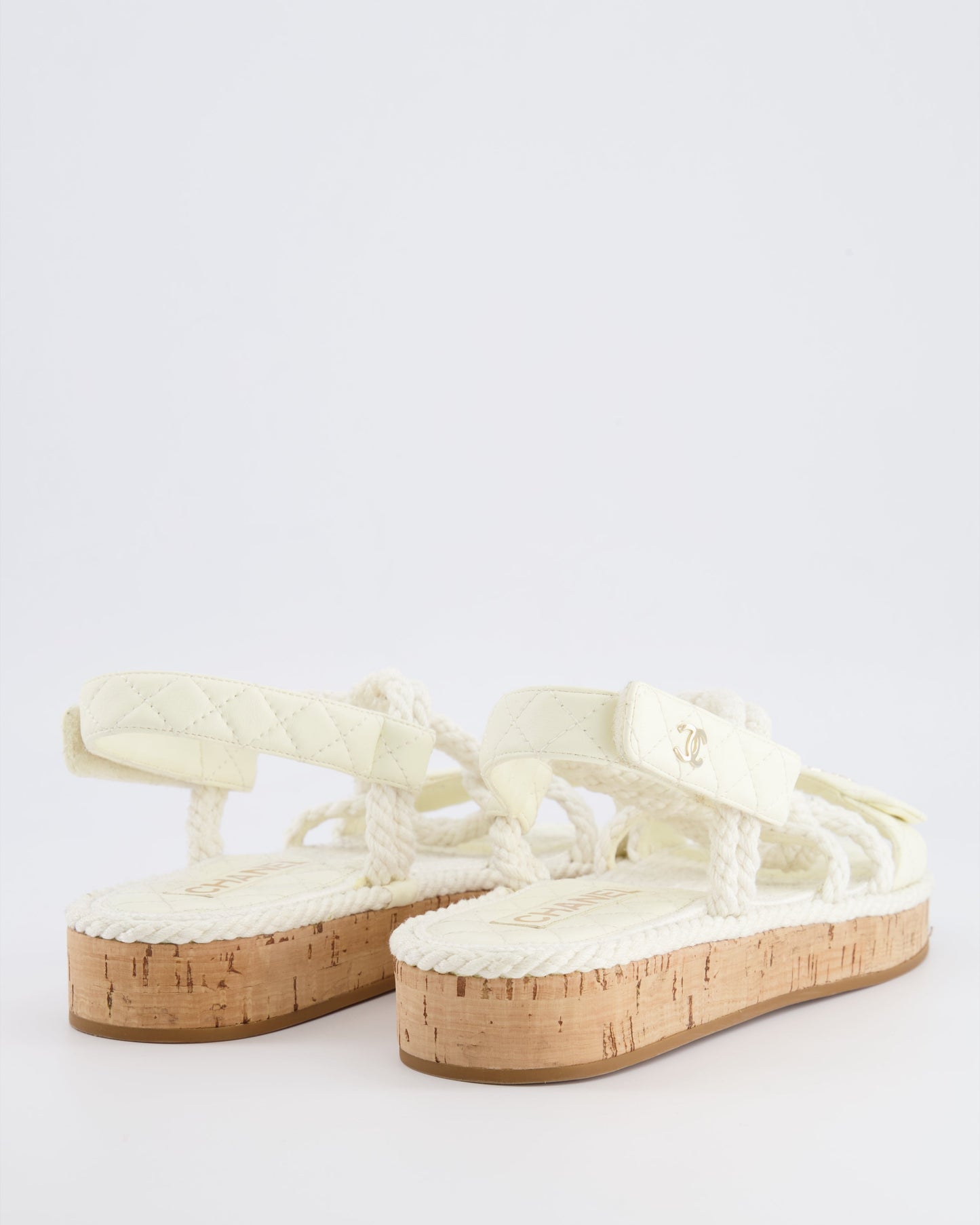 Chanel White Cord And Quilted Lambskin Sandals With Champagne Gold Logo Details Size Eu 40