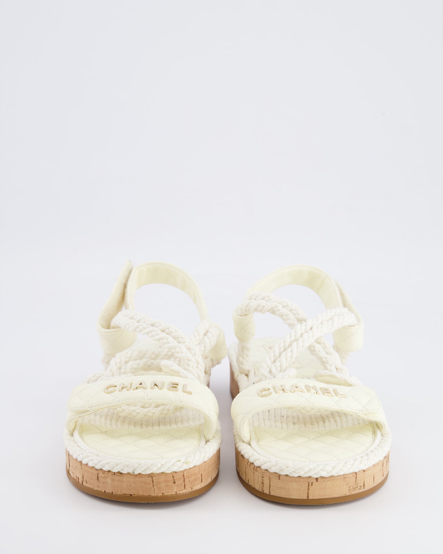 Chanel White Cord and Quilted Lambskin Sandals with Champagne Gold Logo Details Size EU 40