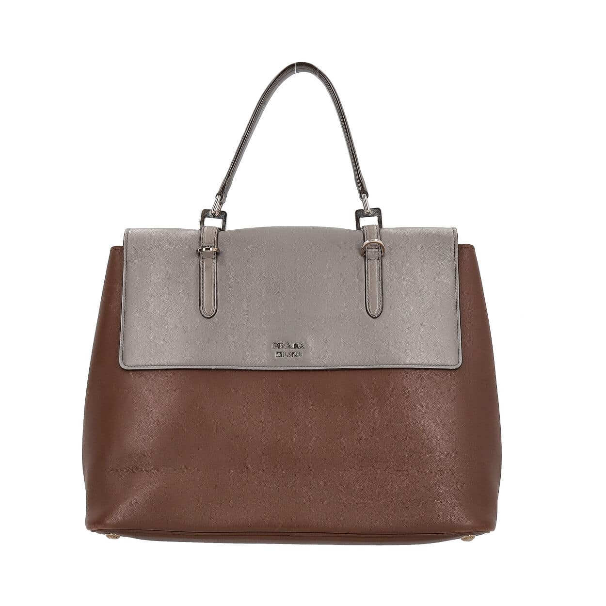 Prada Double Twist Lock Satchel Grey Leather Brown Gray Satchel Bag