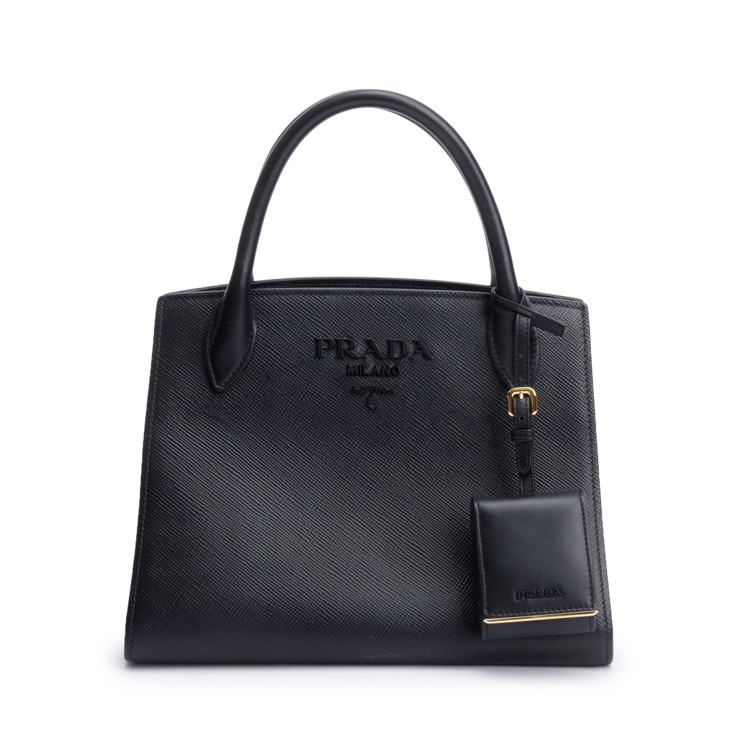 Prada Saffiano Cuir Monochrome Top Handle Tote Handbag Black Small Tote Bag