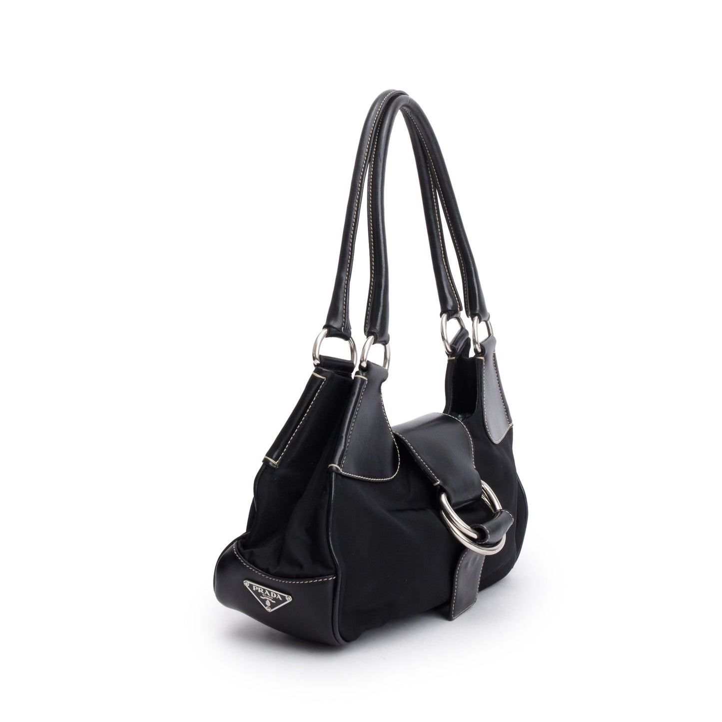 Prada Trimmed Tessuto Moon Bag Leather Nylon Black Travel Bag