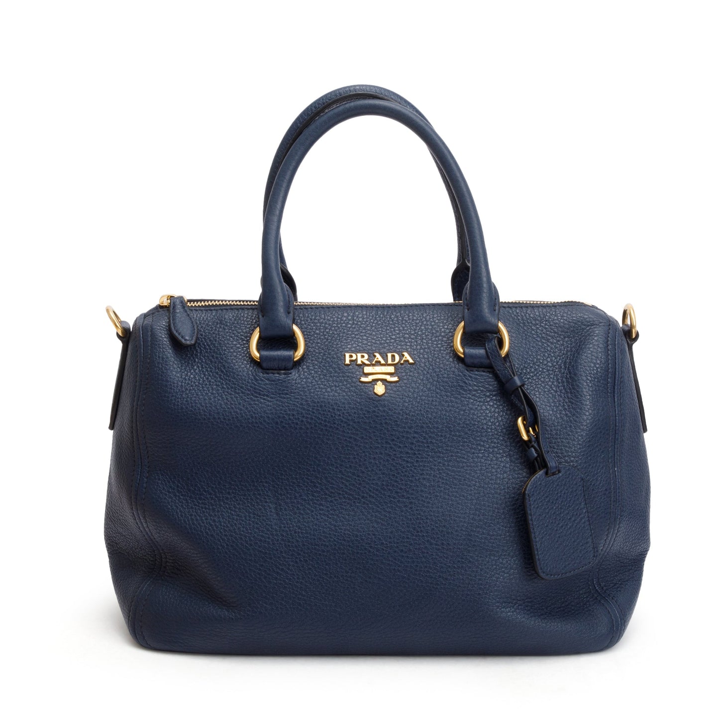 Prada Vitello Phenix Bauletto Handbag Leather Blue Travel Bag
